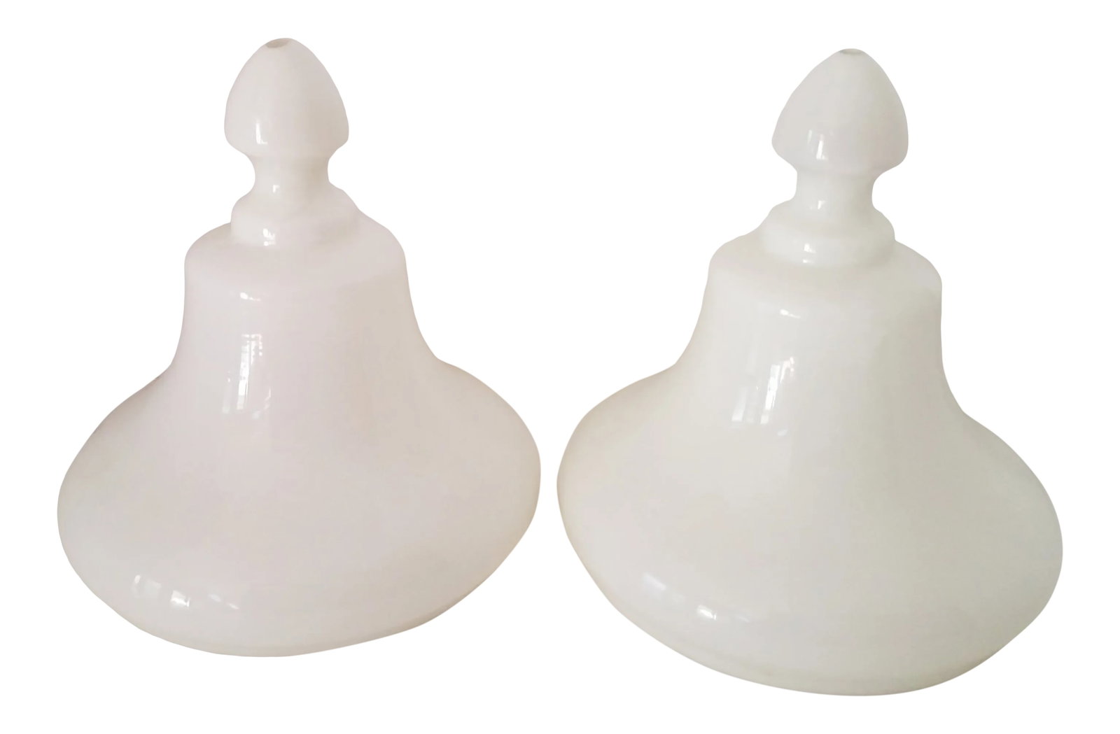 Vintage 1970s Milk Glass Finials - a Pair: Vintage milkglass finials or shades set of two. These finials will look amazing on your favorite lamps or use them as lampshades. They have a unique bell shape. Condition: Alterations: Original