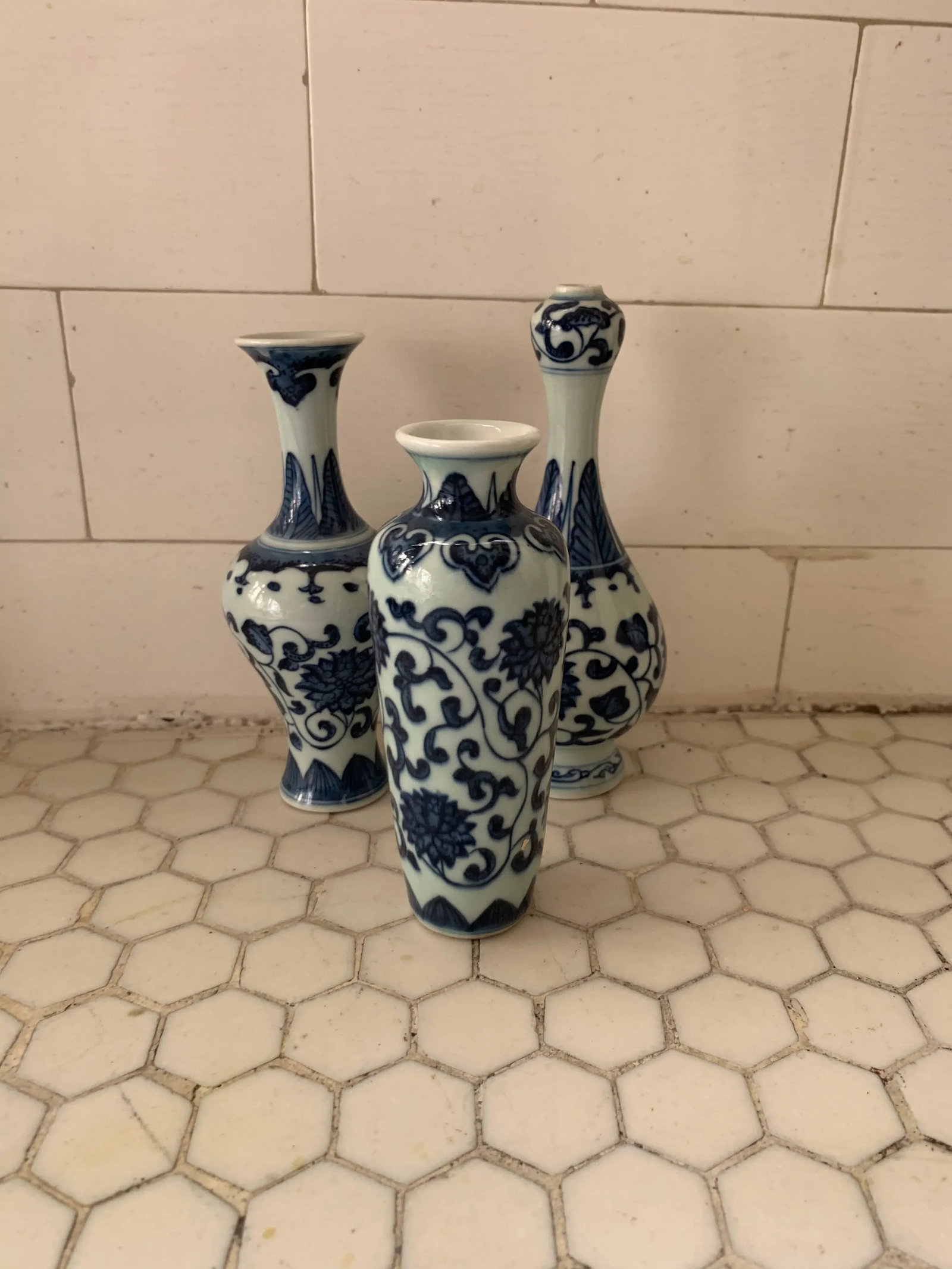 Blue & White Porcelain Floral Chinoiserie Vases Set of 3 - 2