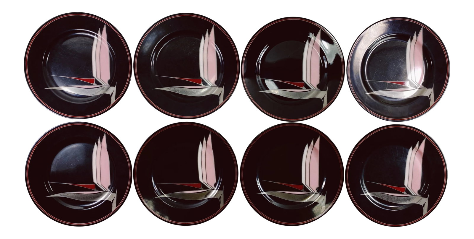 1980s 'Oiseau De Paradis' Plates by Fitz & Floyd - Set of 8: Rare set of eight appetizer/dessert/salad plates reminiscent of chinoiserie and art deco period with bold strokes of the stylized bird of paradise. 1981. Makers mark on reverse - "Oiseau de Paradis" F