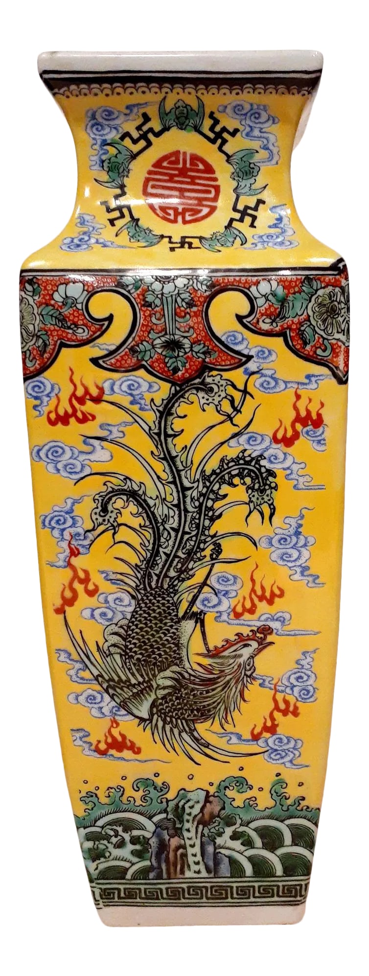 Early 20th Century Large Chinese Porcelain Dragon Phoenix Vase: Chinese porcelain auspicious dragon and phoenix four-sided vase, red Shou medallions in cartouches of green Fu bats, black Wanzi symbols and stylized blue and white clouds quartered on the neck, large