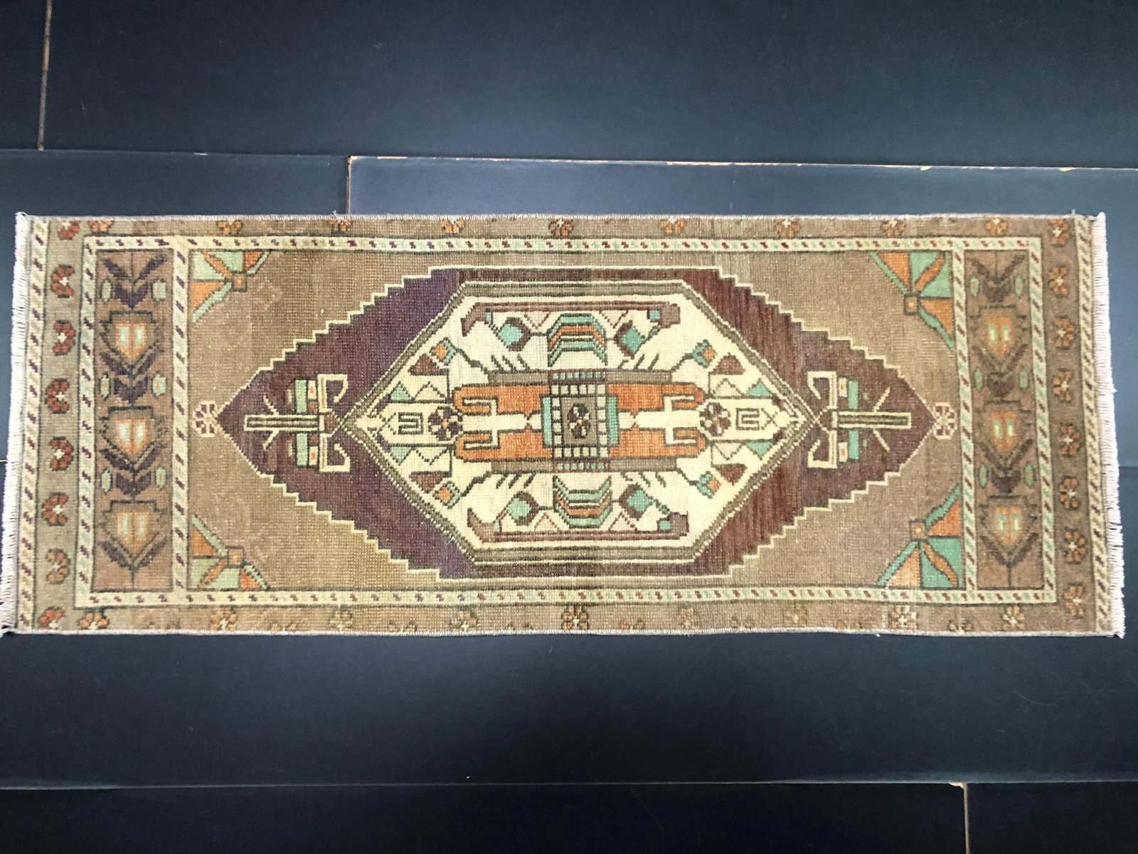 Vintage Medallion Design Turkish Handmade Camel Small Rug - 2