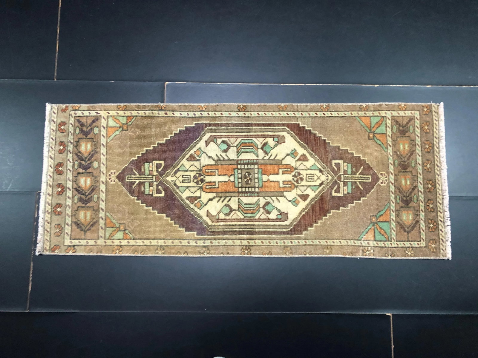 Vintage Medallion Design Turkish Handmade Camel Small Rug - 6