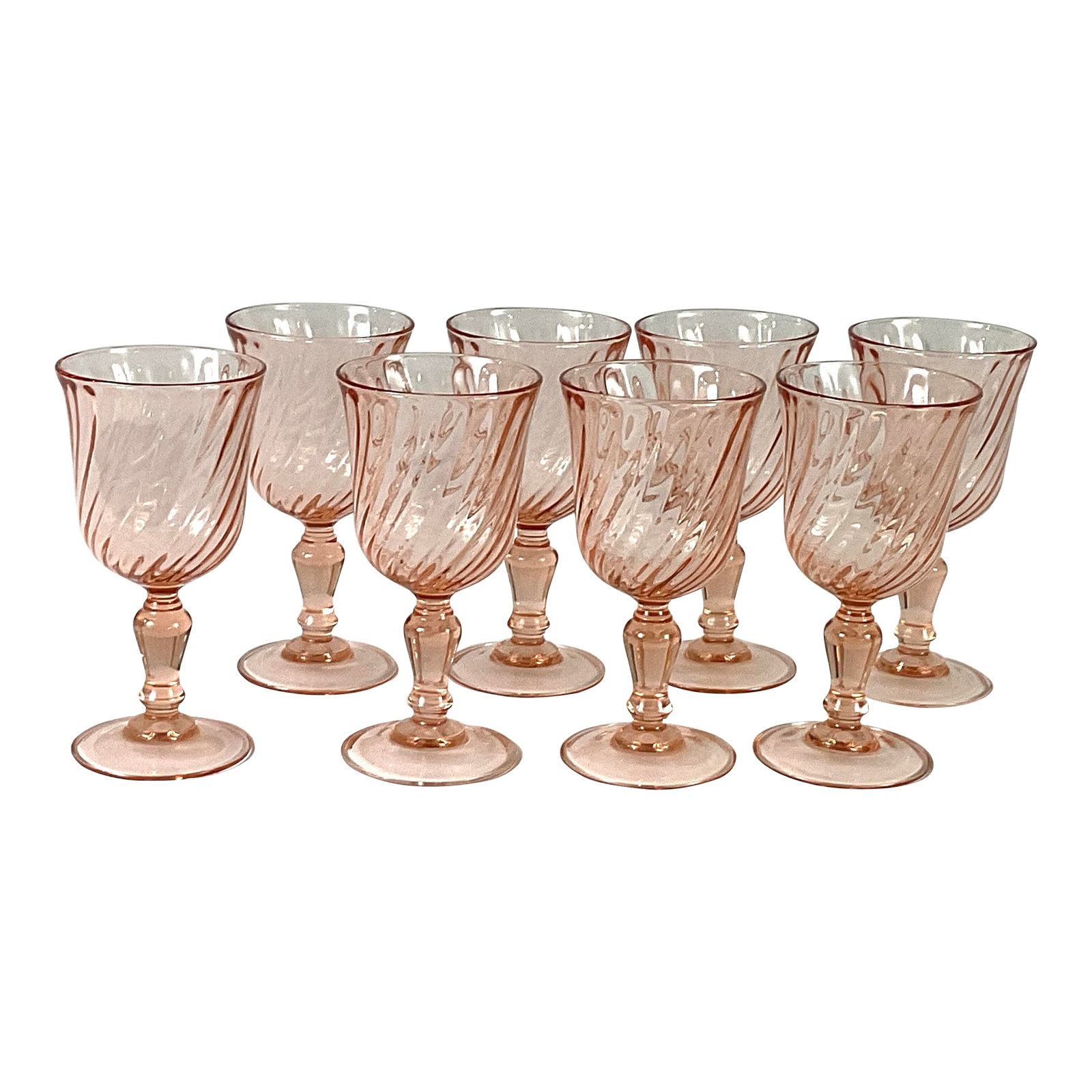 1960s Arcoroc Luminarc Rosaline Pink Swirl Water/Wine Goblets, Made in France -Set of 8: -ARCOROC LUMINARC of France -makers of fine crystal glass Presenting a set of eight pink Rosaline swirl wine/water goblets Condition: Alterations: Original Condition Unaltered Imperfections: Some Impe