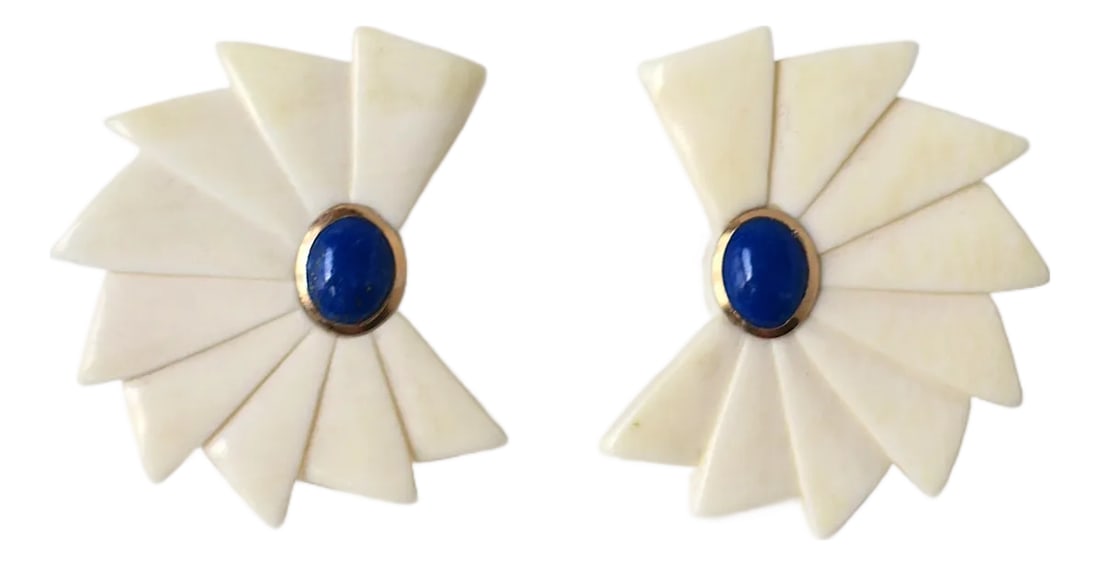 Art Deco 14kt Gold and Blue Lapis Earrings, Pair, Circa 1980s 1990s: A pair of 14-karat yellow gold and blue lapis earrings, in the Art Deco style, circa late-20th century, 1980s, 1990s. Earrings have a fan/geomatic shape in an off-white resin with an oval blue lapis