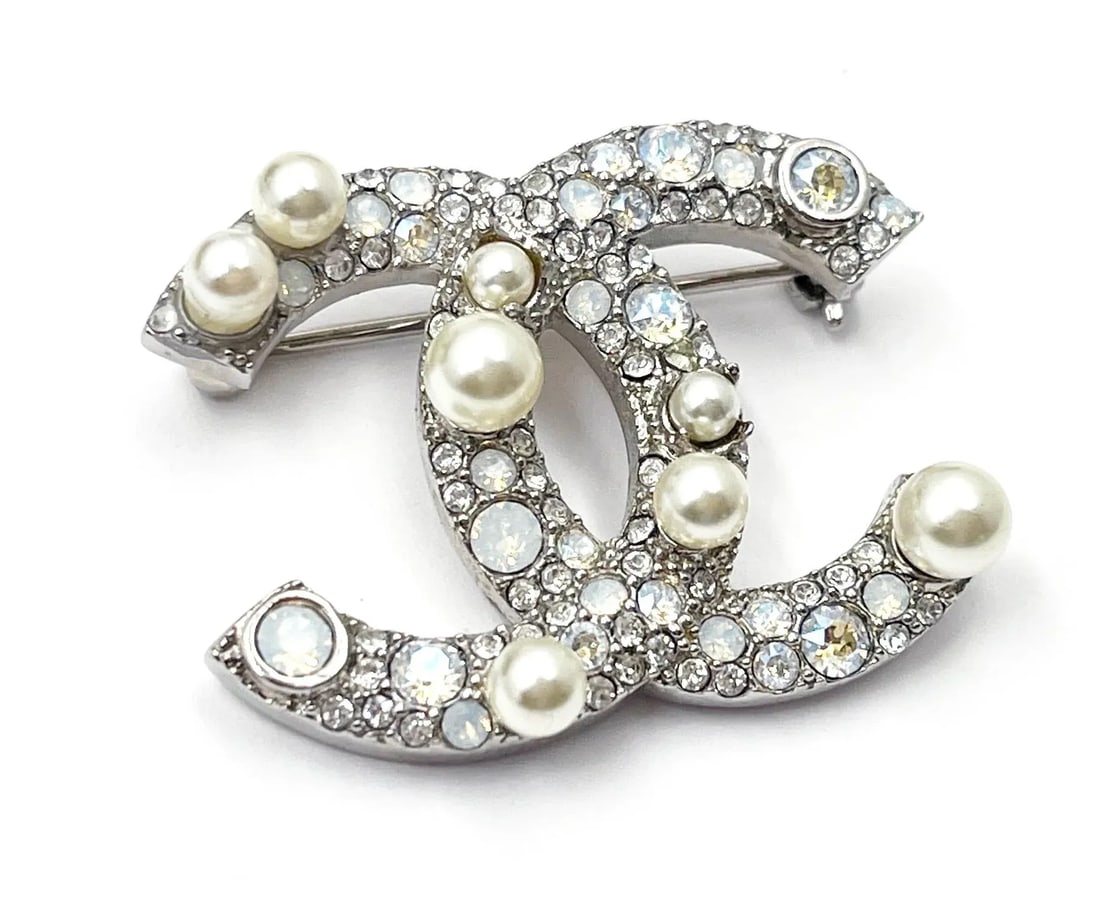 Chanel Silver CC Opal Crystal Pearl Small Brooch - 3