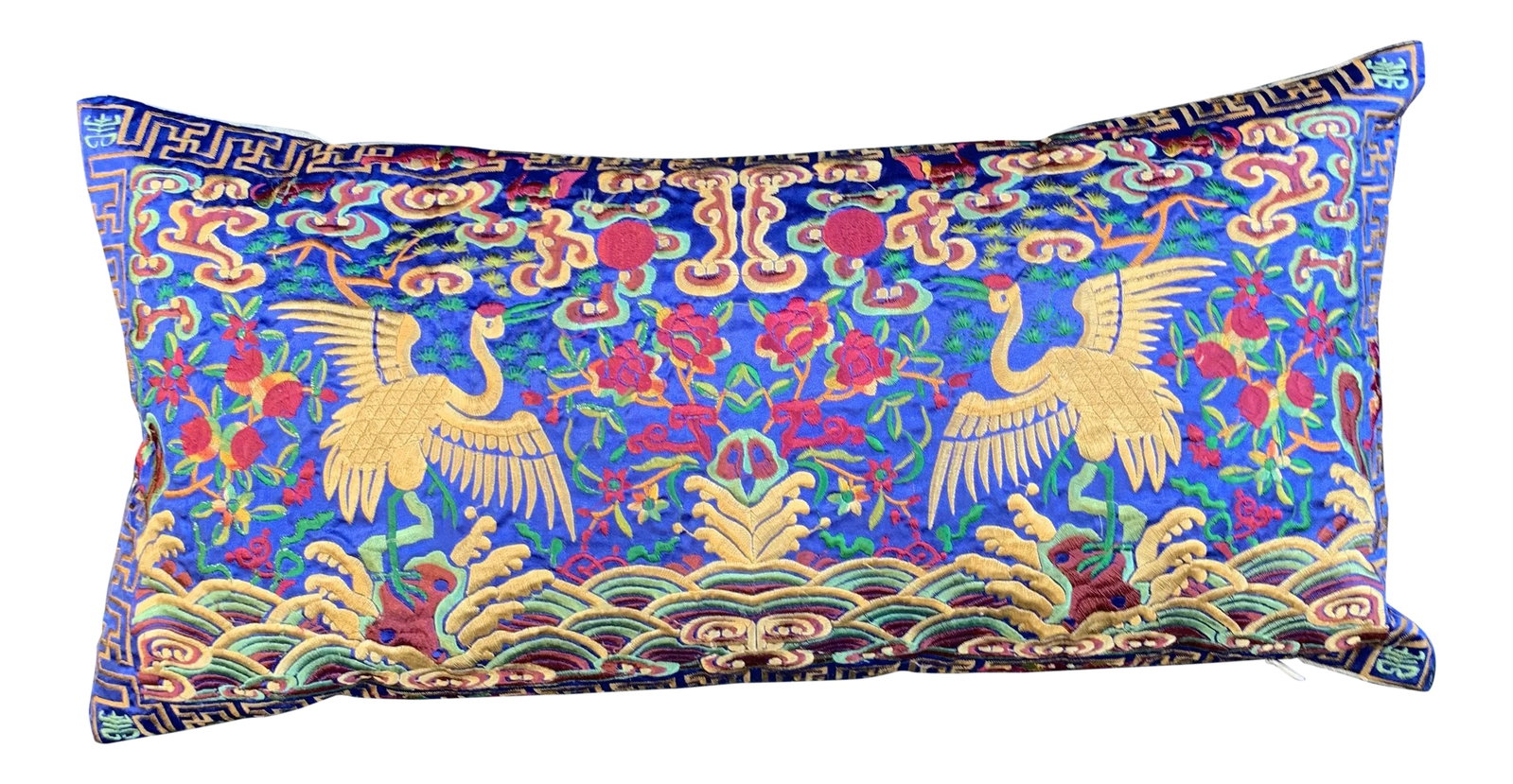 Hollywood Regency Royal Blue & Gold Asian Silk Crane Chinoiserie Boudoir Pillow: Boudoir lumbar pillow made of a vintage colorful embroidered silk Asian textile fragment from a Chinese Opera Robe. A perfect little pop of color! New linen back and zipper closure. Custom down feathe