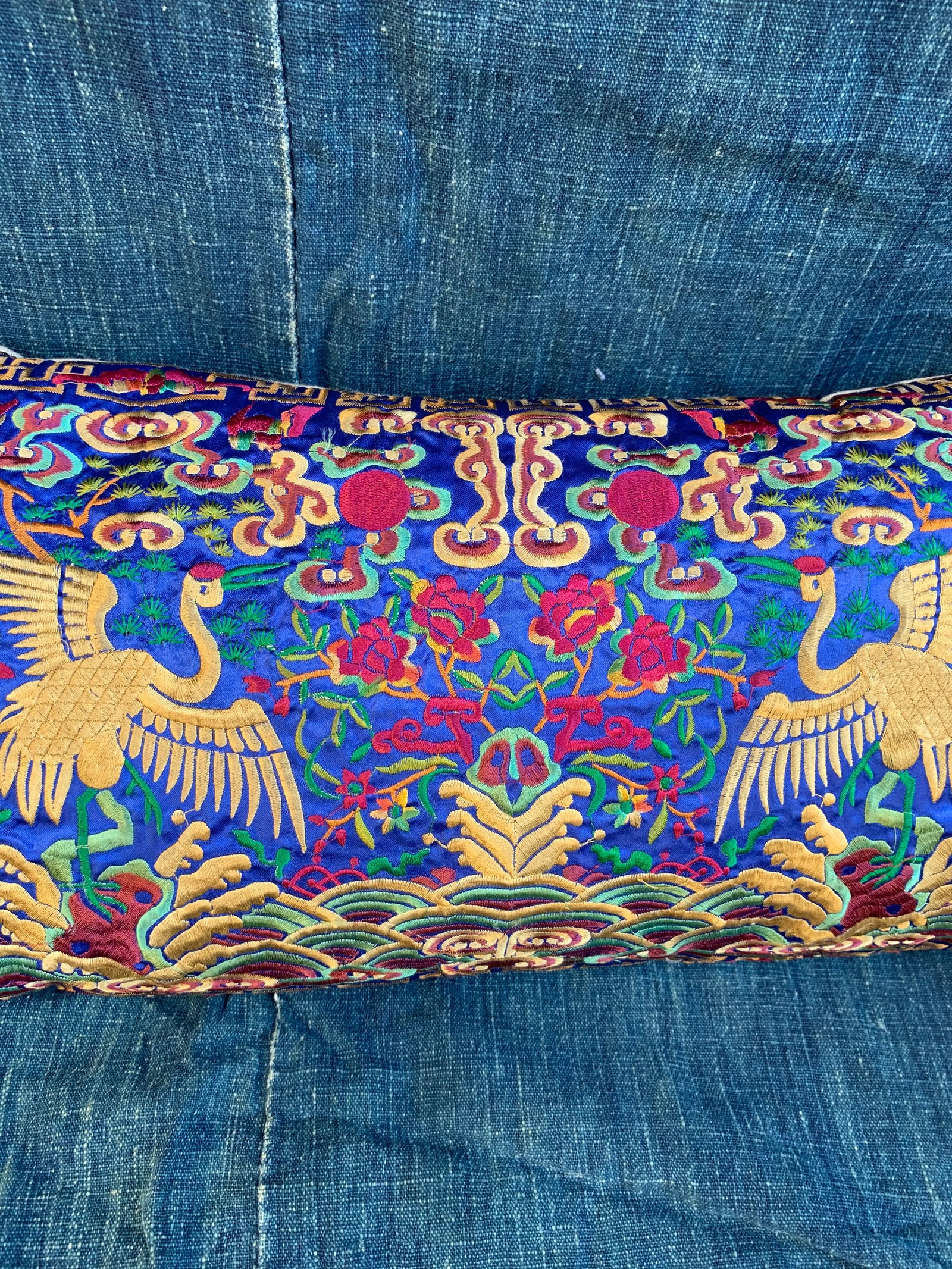 Hollywood Regency Royal Blue & Gold Asian Silk Crane Chinoiserie Boudoir Pillow - 3