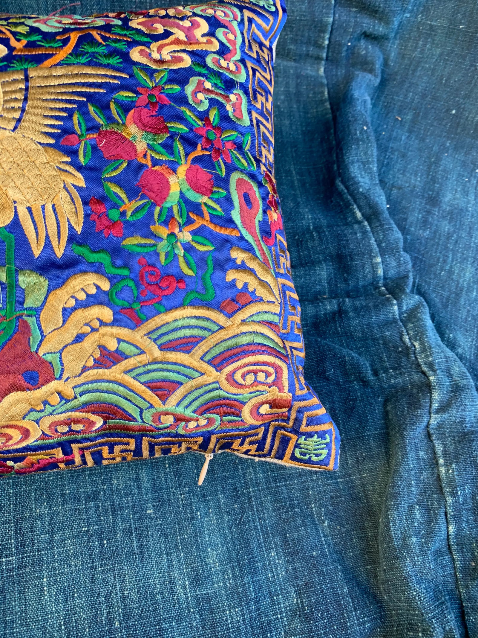 Hollywood Regency Royal Blue & Gold Asian Silk Crane Chinoiserie Boudoir Pillow - 6