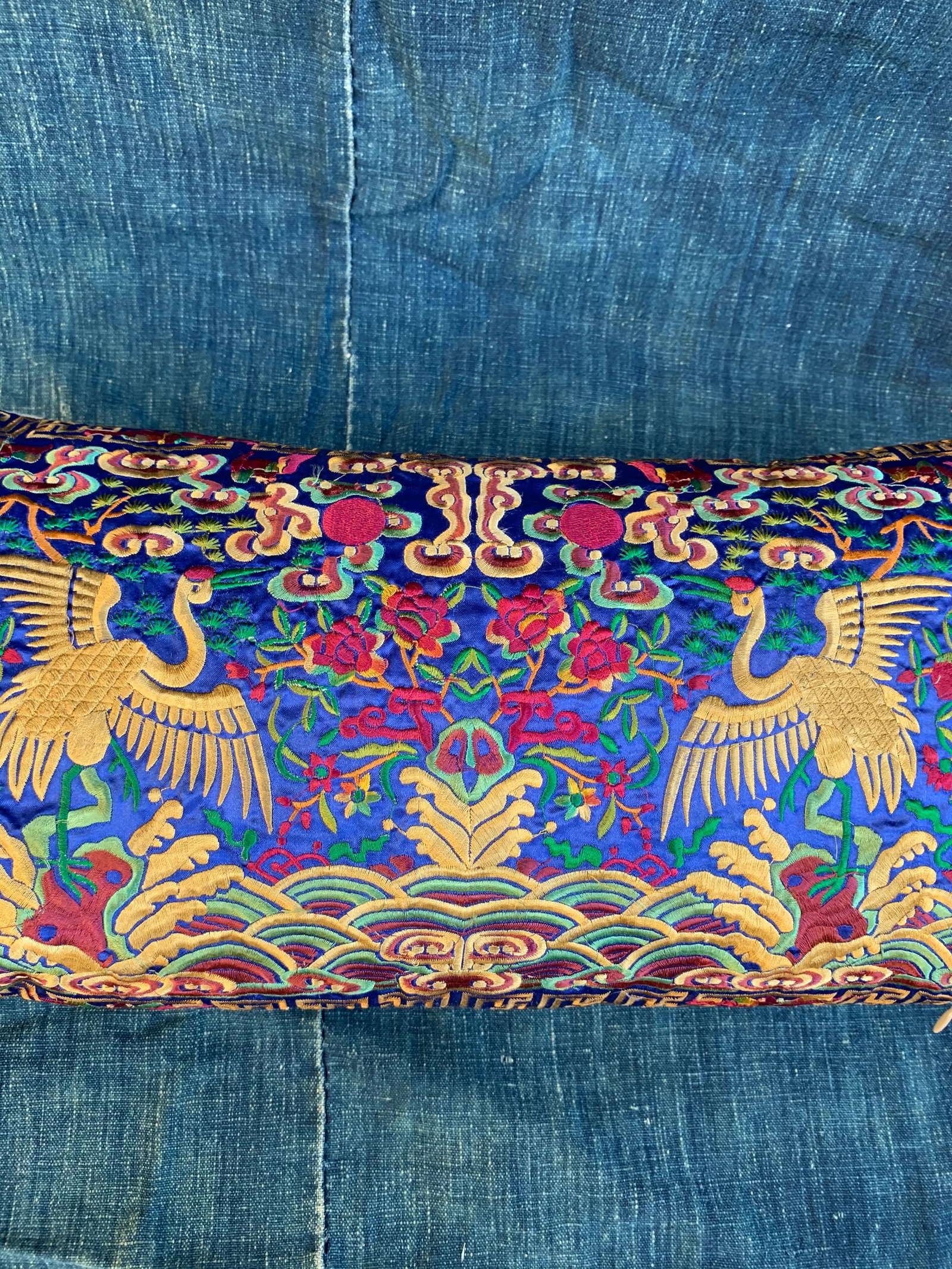 Hollywood Regency Royal Blue & Gold Asian Silk Crane Chinoiserie Boudoir Pillow - 7