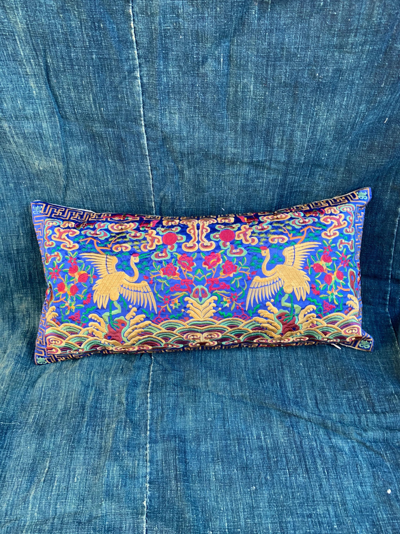 Hollywood Regency Royal Blue & Gold Asian Silk Crane Chinoiserie Boudoir Pillow - 9