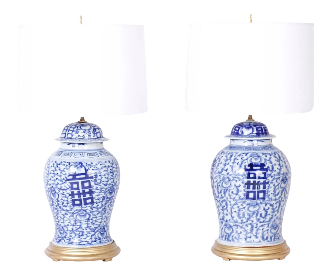 Pair of Blue and White Porcelain Happiness Jar Table Lamps (1 of 7)