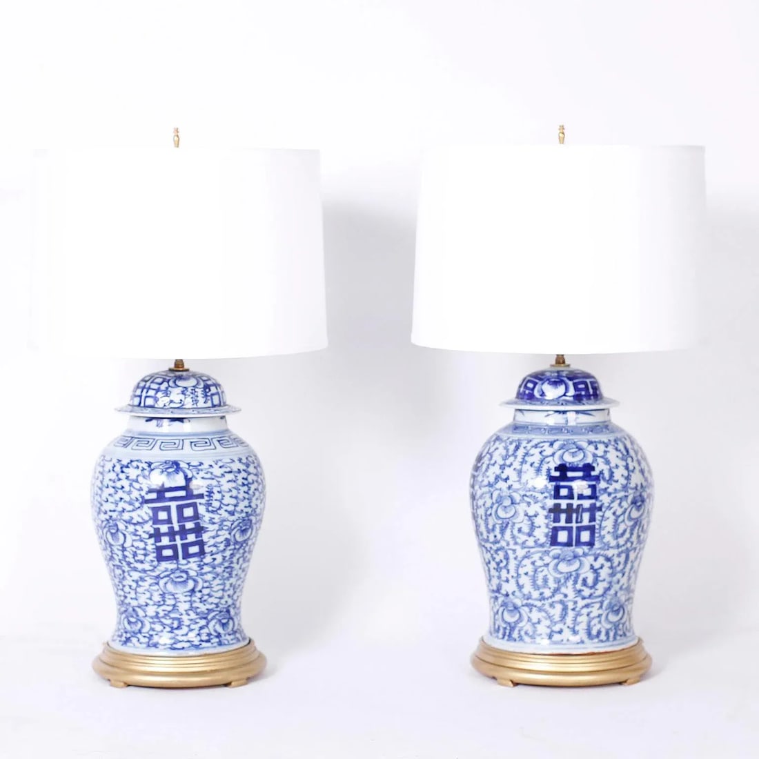 Pair of Blue and White Porcelain Happiness Jar Table Lamps - 7