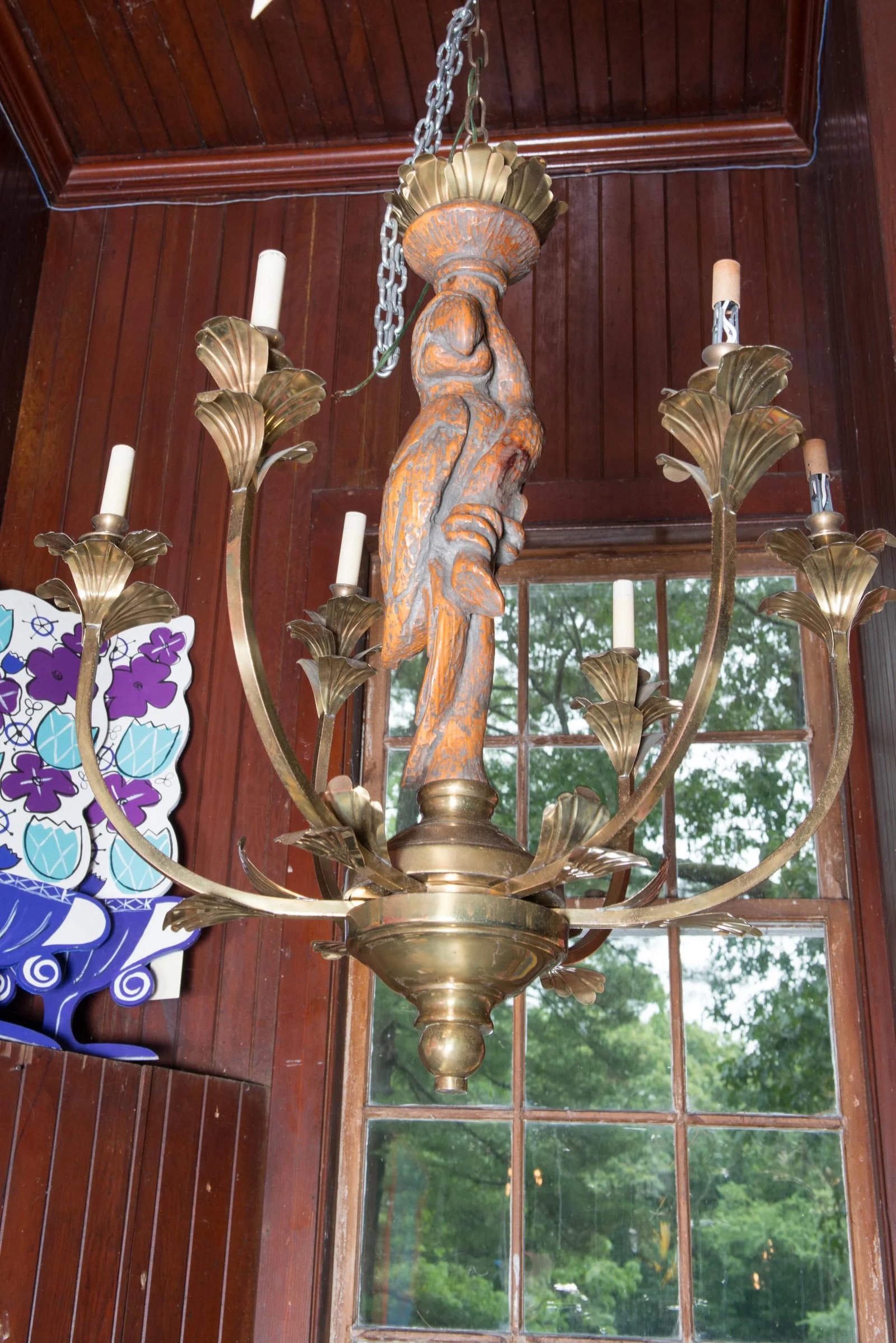 Large Carved Parrot & Brass Chandelier - 4