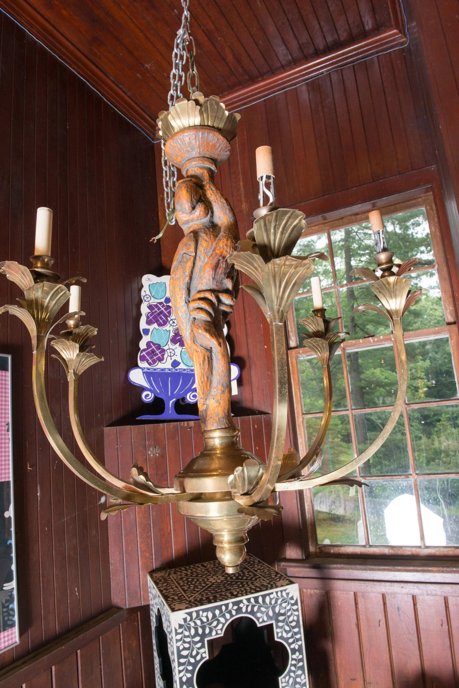 Large Carved Parrot & Brass Chandelier - 5