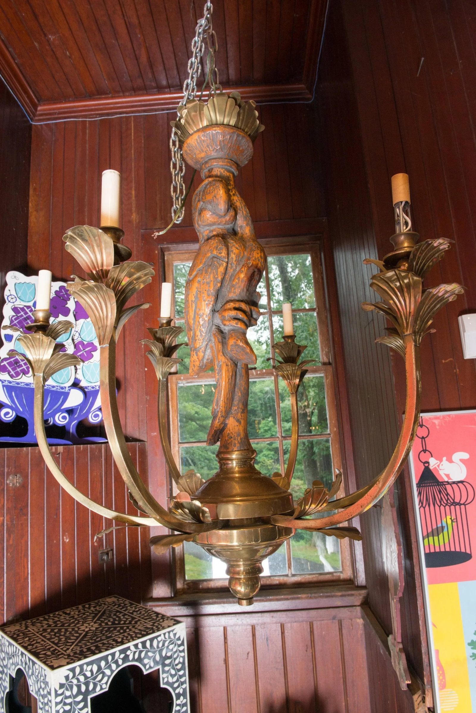 Large Carved Parrot & Brass Chandelier - 8
