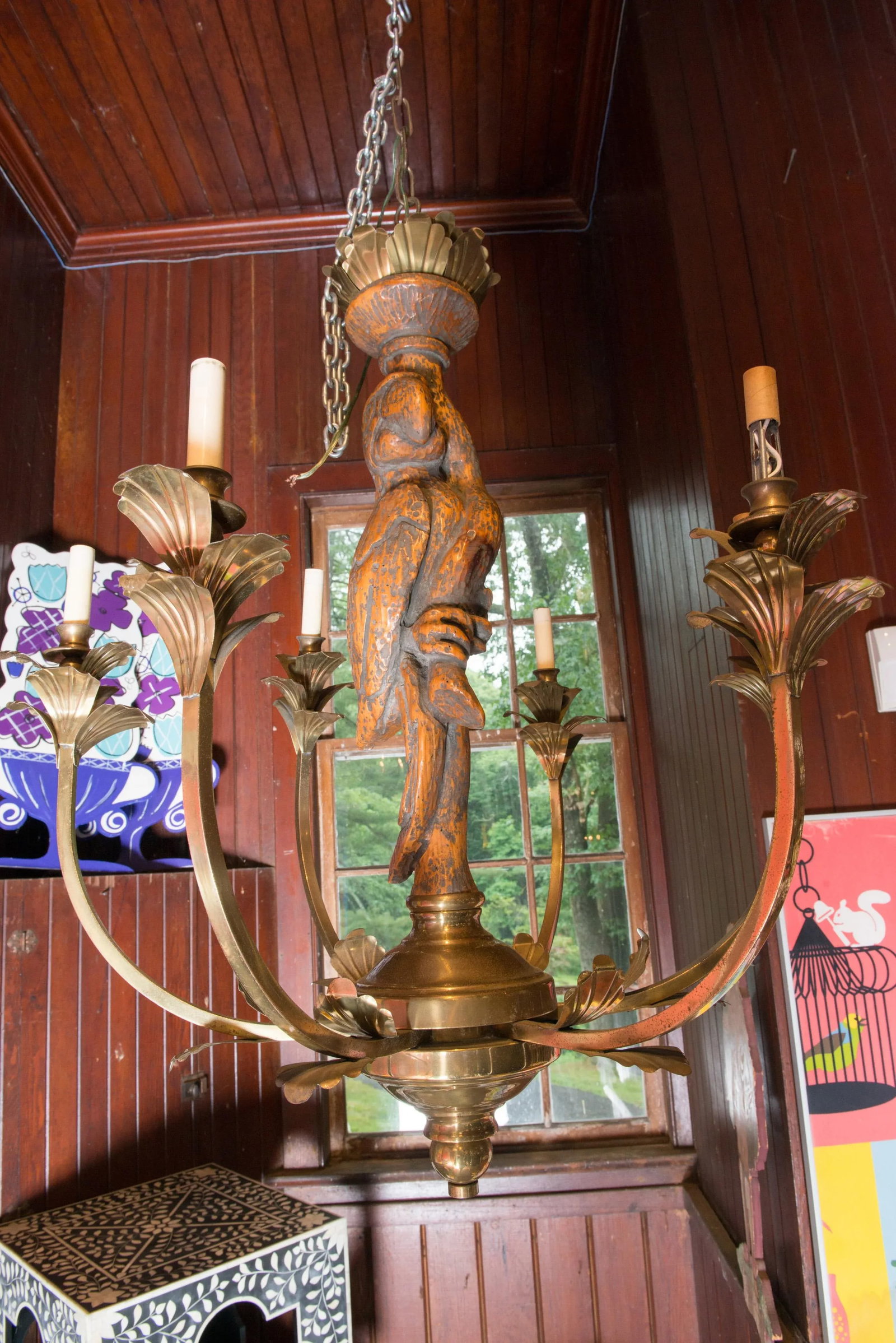 Large Carved Parrot & Brass Chandelier - 9