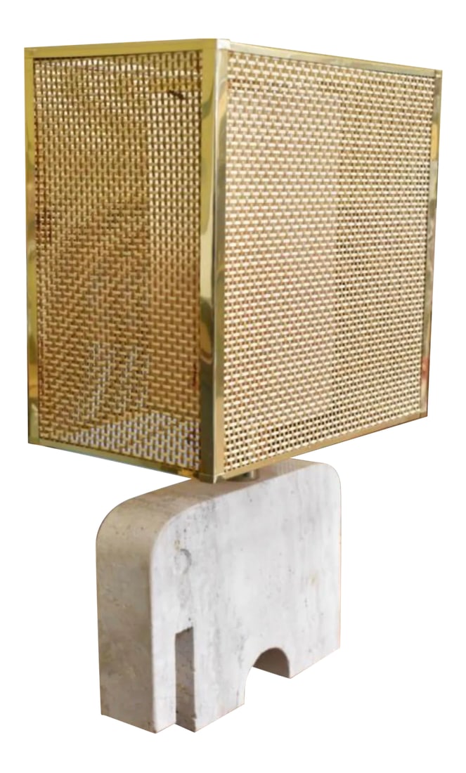 Vintage Italian Mid Century Table Desk Travertine Lamp by Fratelli Manelli With Brass Wicker Box Sha (1 of 3)