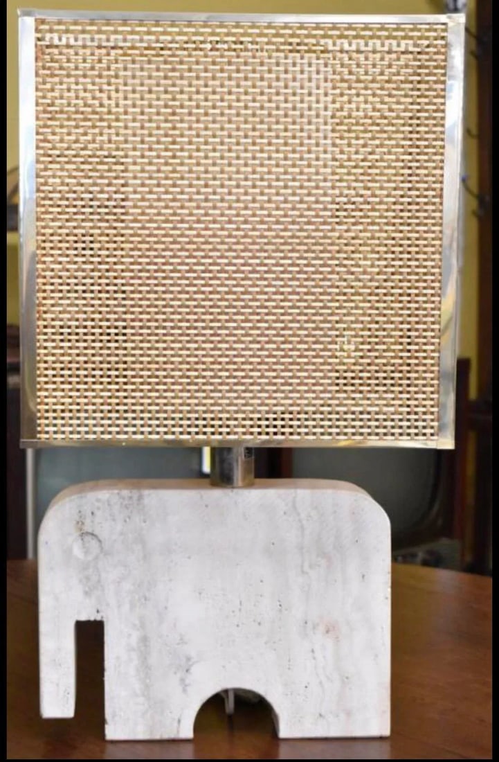 Vintage Italian Mid Century Table Desk Travertine Lamp by Fratelli Manelli With Brass Wicker Box Sha - 2