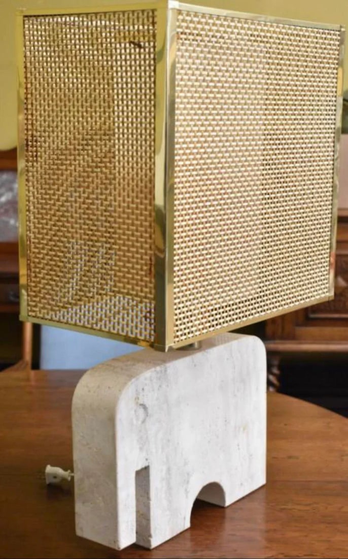 Vintage Italian Mid Century Table Desk Travertine Lamp by Fratelli Manelli With Brass Wicker Box Sha - 3