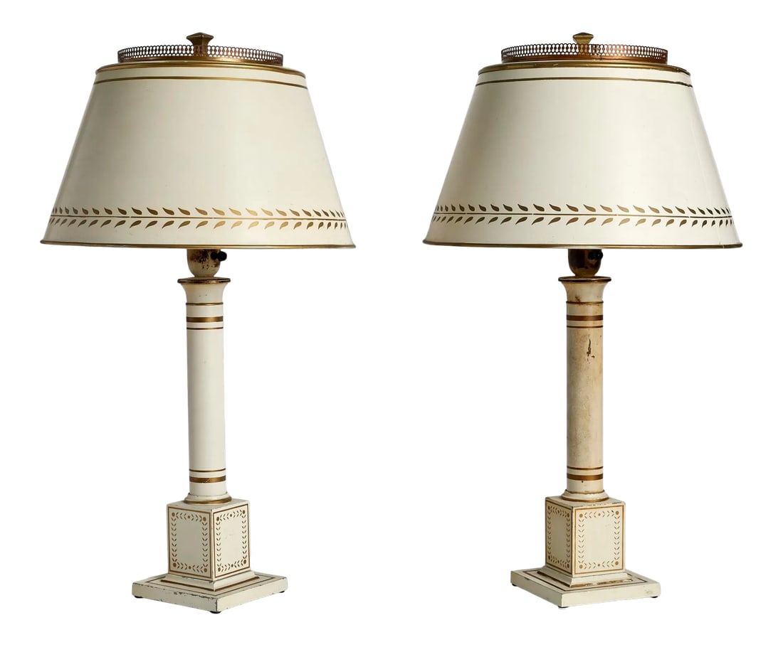 Antique 20th Century French Directoire Tole Wired Lamps White Shades - a Pair: Origins: France, 20th Century Designer: Unknown Material: Painted metal Dimensions: "27"h, shade: 10" top, 15" bottom" Quantity: 2 Notes: White directoire lamps. Price: $4,800 for Pair of Two (2) Cond
