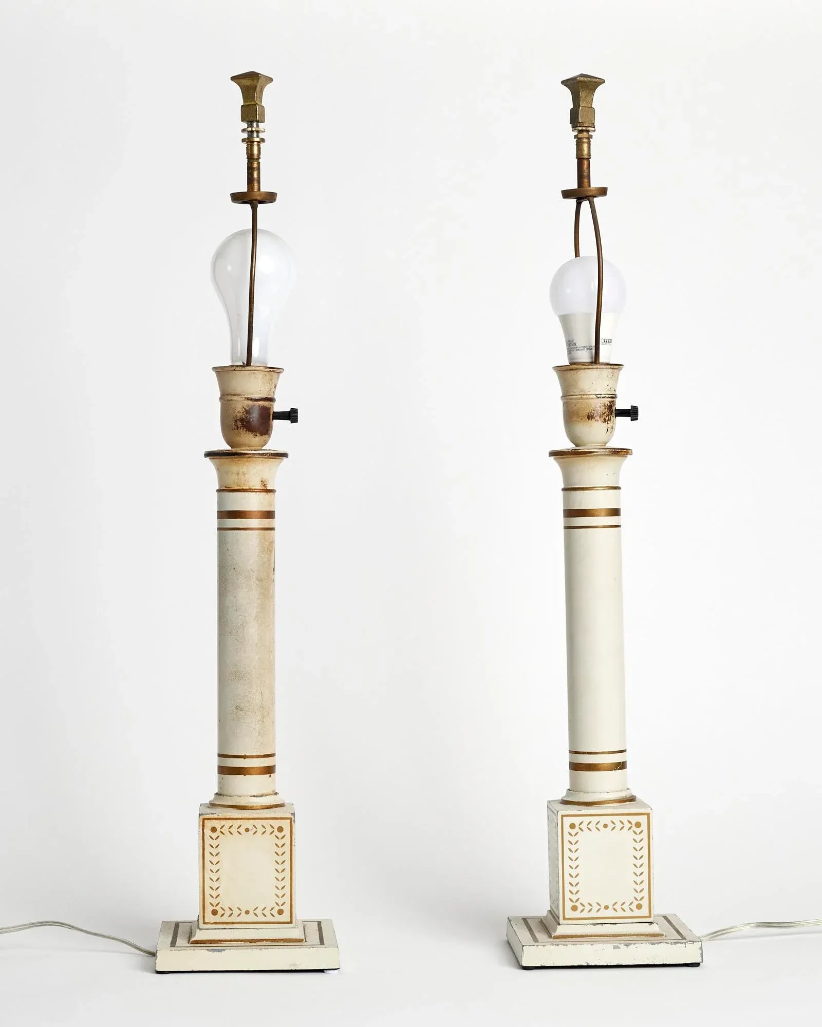 Antique 20th Century French Directoire Tole Wired Lamps White Shades - a Pair - 4