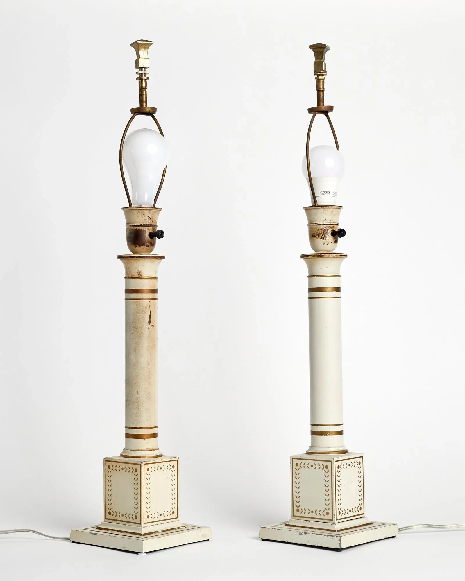 Antique 20th Century French Directoire Tole Wired Lamps White Shades - a Pair - 5