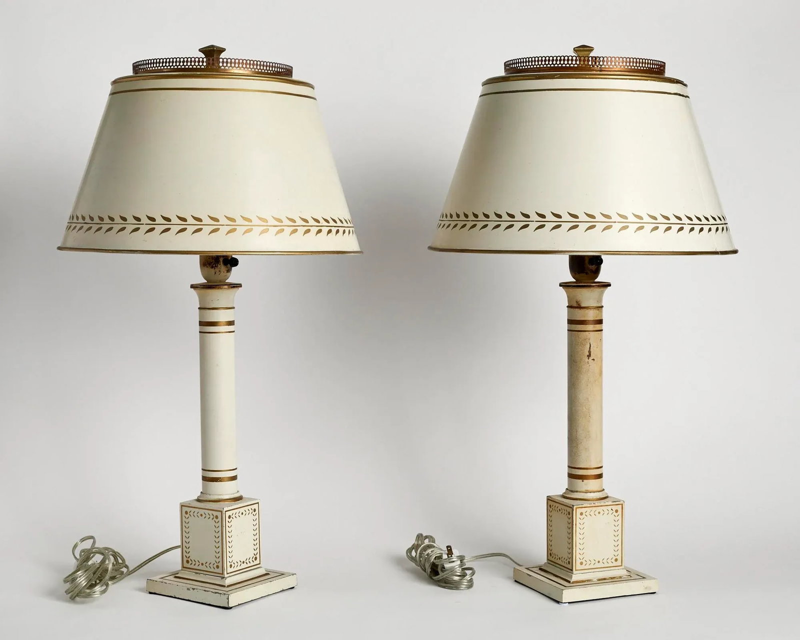 Antique 20th Century French Directoire Tole Wired Lamps White Shades - a Pair - 8