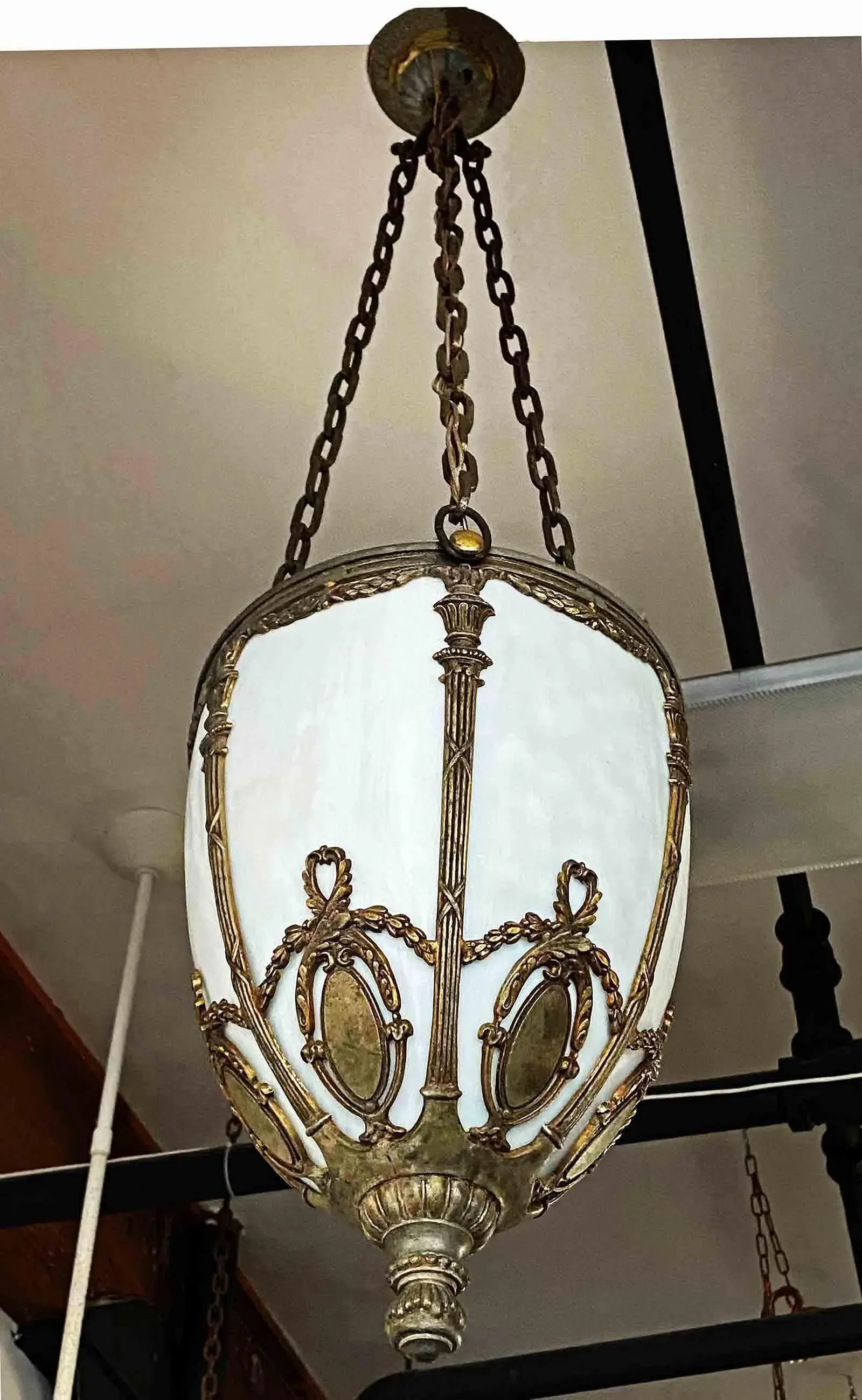 Antique Pendant Light With Opalescent Shade - 4