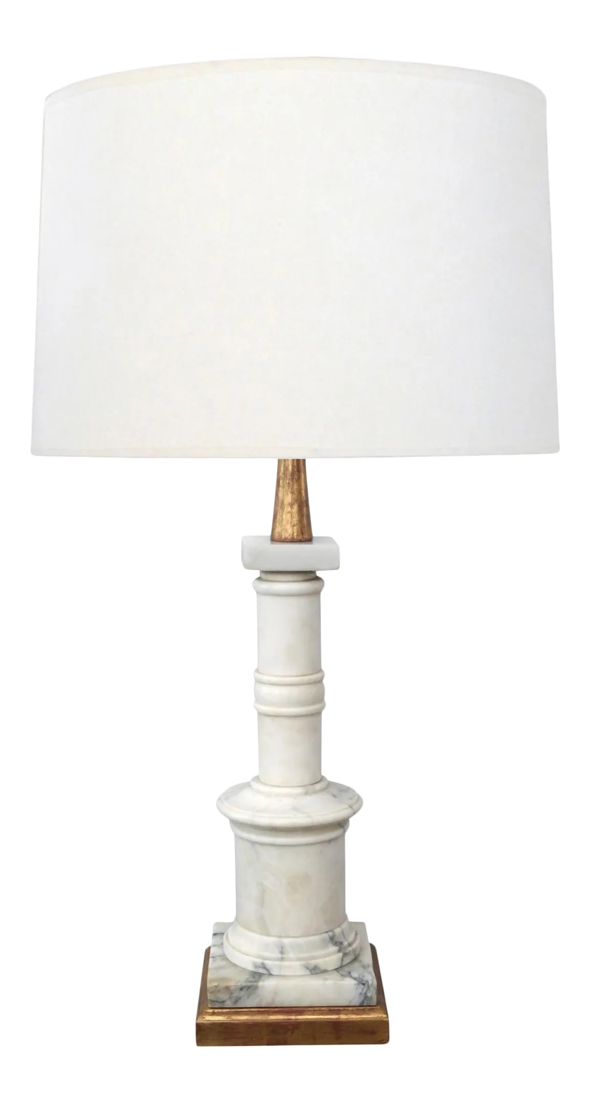 1950's Italian Carrara Marble Columnar Lamp: with giltwood neck above a turned columnar body of nicely figured Carrara marble all over a giltwood base; height 15.25" (top of marble) 28" (top of shade) 6" square (base) Condition: Alterations:
