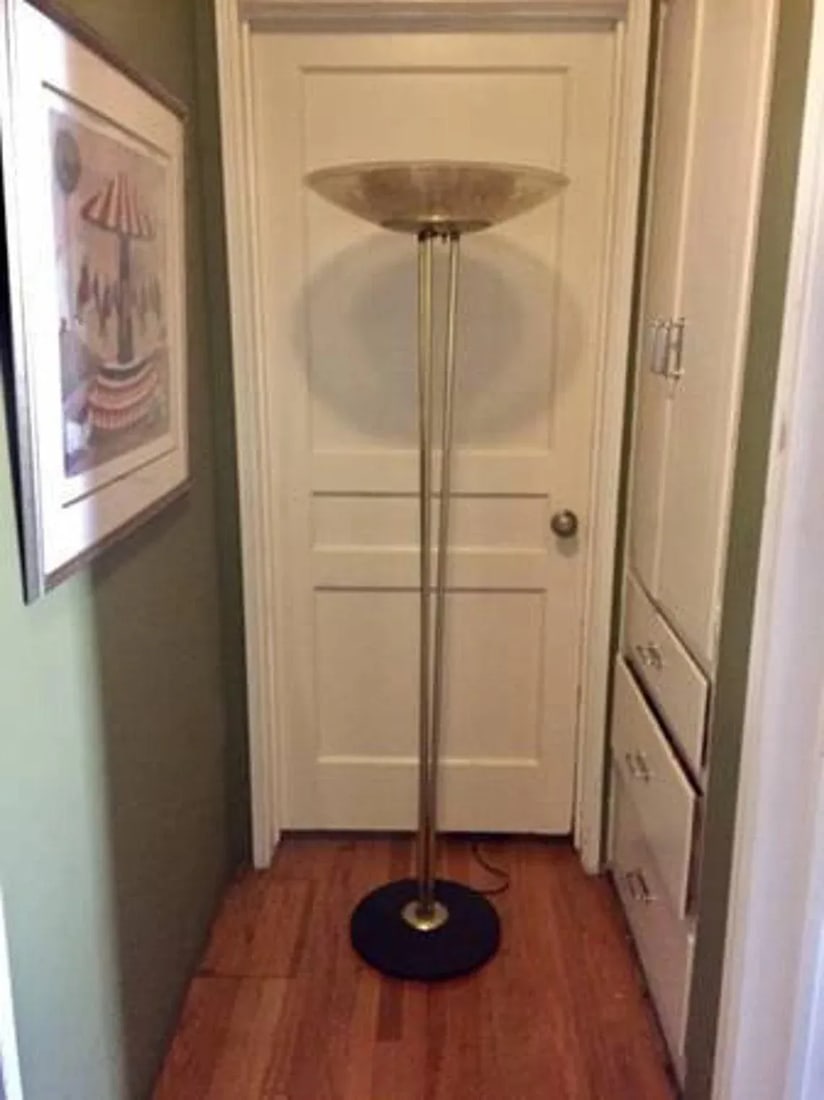 1960s Mid Century Gerald Thurston Atomic Floor Lamp With Gold Fleck Pebble Enameled Glass Shade by C - 11