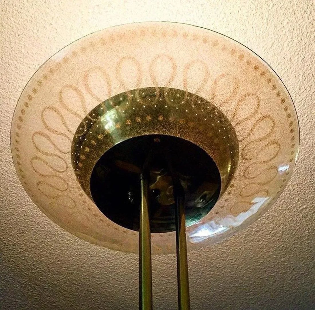 1960s Mid Century Gerald Thurston Atomic Floor Lamp With Gold Fleck Pebble Enameled Glass Shade by C - 2