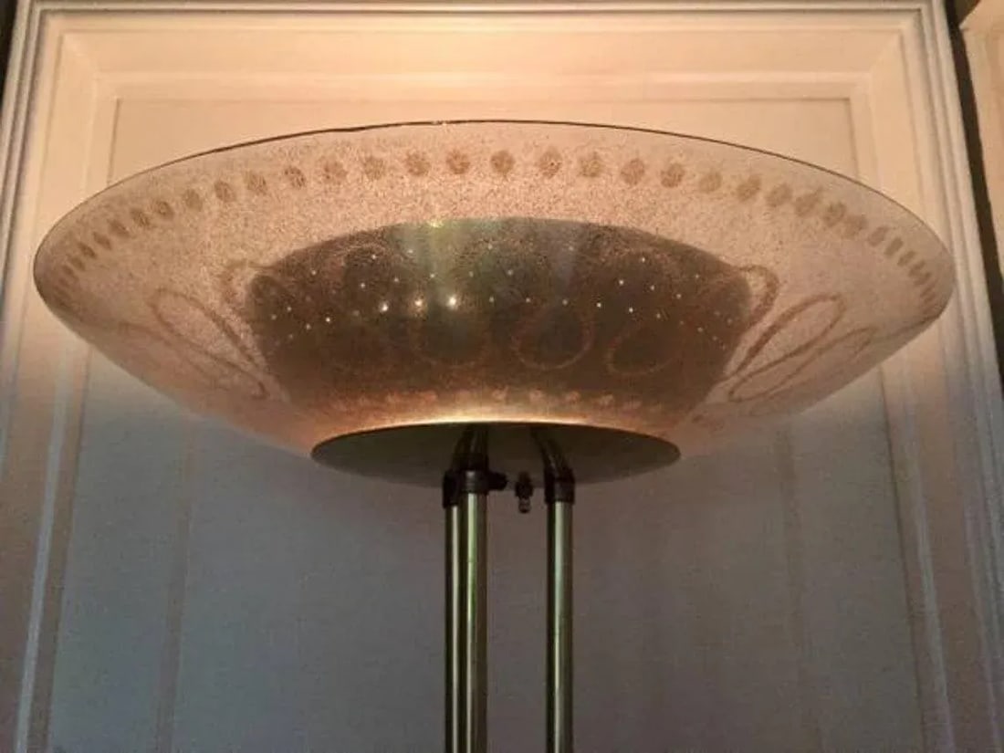 1960s Mid Century Gerald Thurston Atomic Floor Lamp With Gold Fleck Pebble Enameled Glass Shade by C - 7