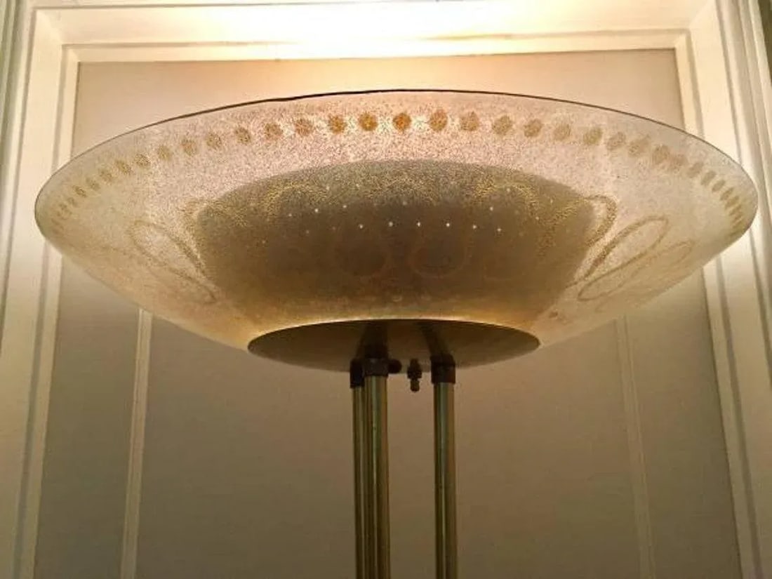 1960s Mid Century Gerald Thurston Atomic Floor Lamp With Gold Fleck Pebble Enameled Glass Shade by C - 9