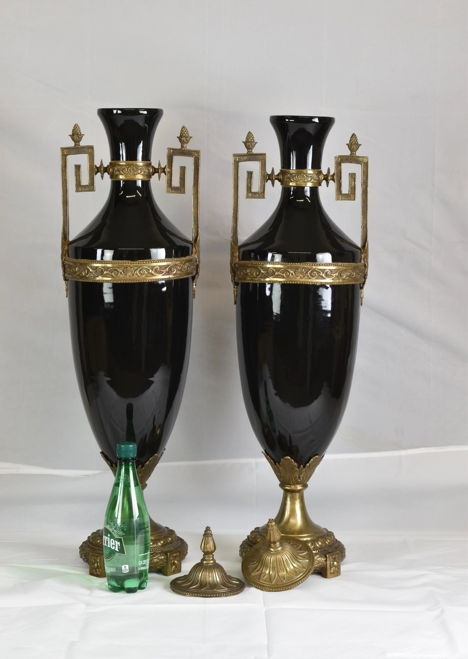 Tall Neoclassic Style Heavy Ceramic Black Colored Vases/Urns Mounted to Round Brass Bottoms Accented - 11