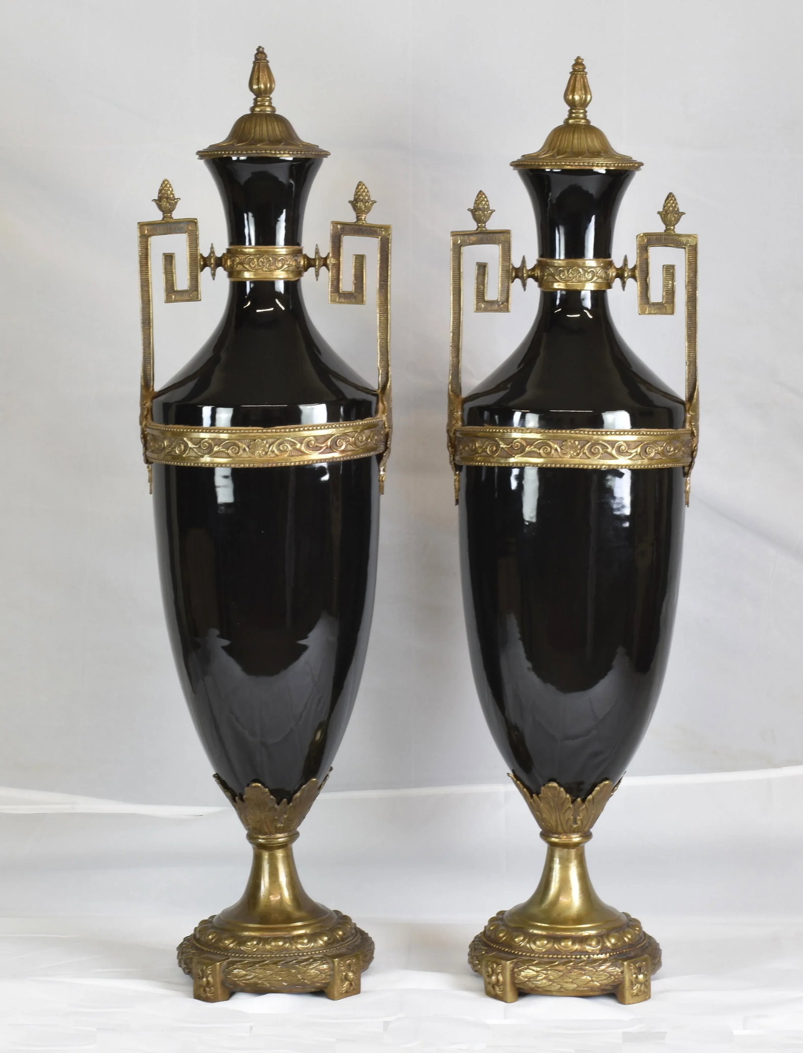 Tall Neoclassic Style Heavy Ceramic Black Colored Vases/Urns Mounted to Round Brass Bottoms Accented - 12