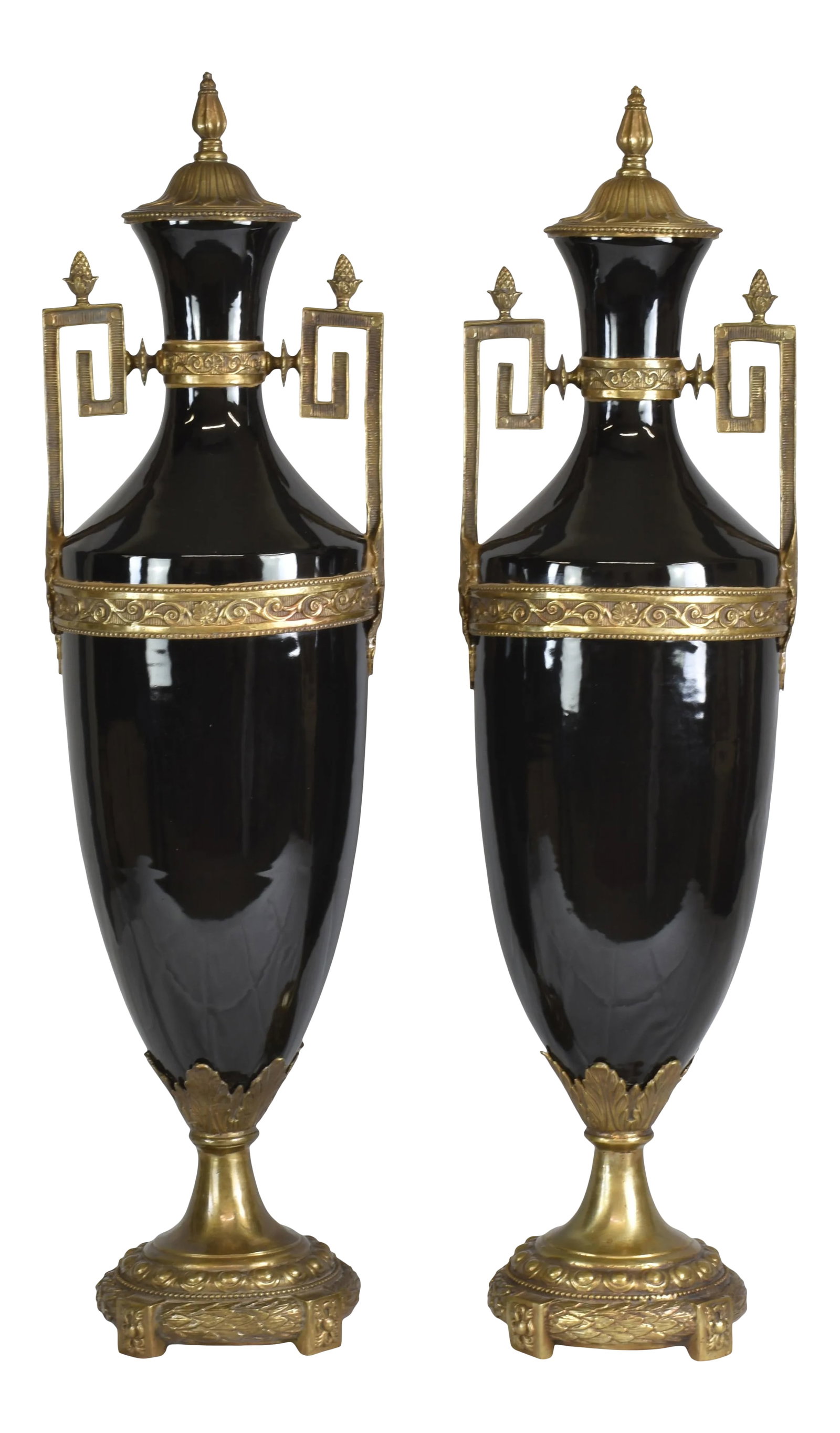 Tall Neoclassic Style Heavy Ceramic Black Colored Vases/Urns Mounted to Round Brass Bottoms Accented (1 of 12)