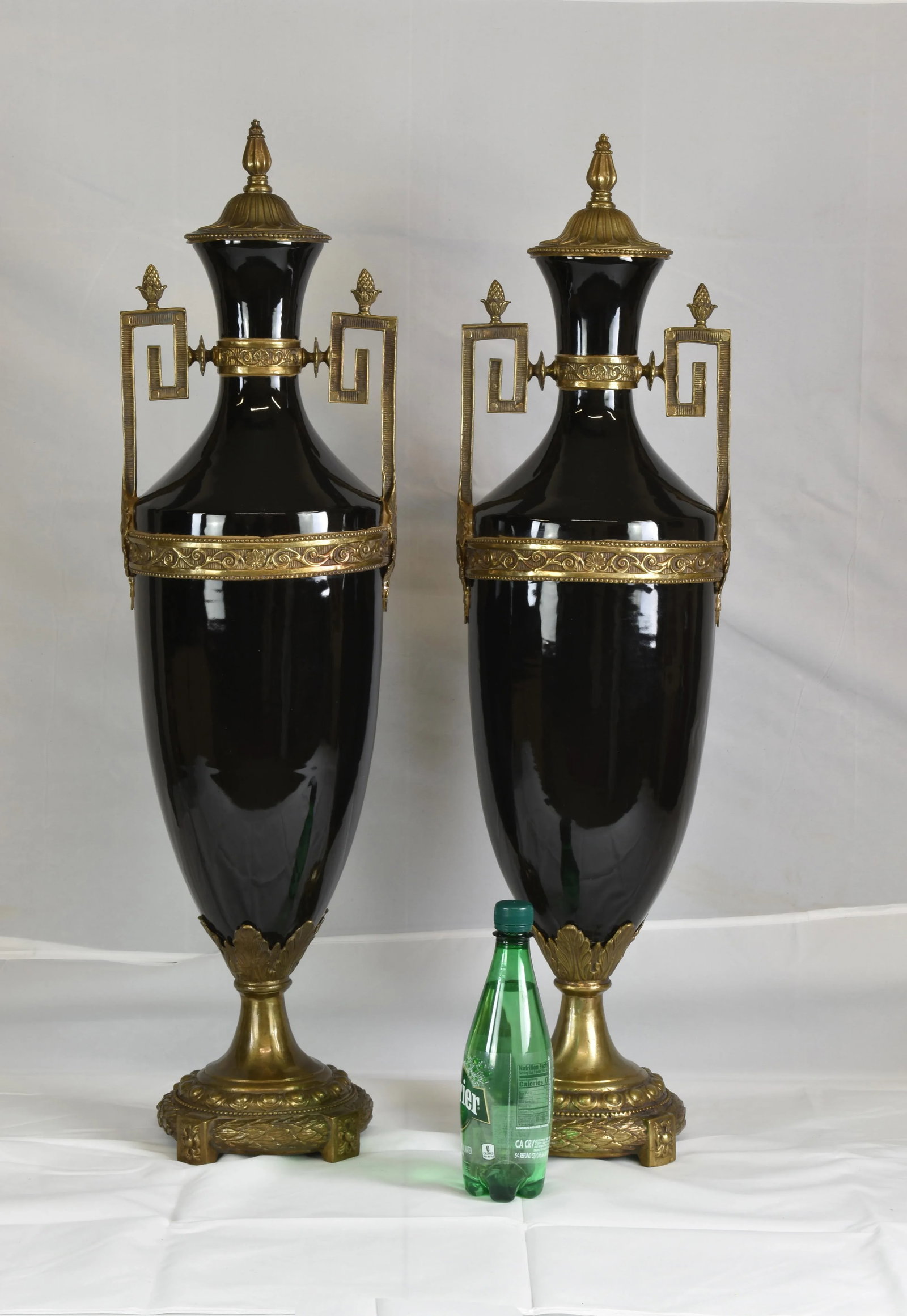 Tall Neoclassic Style Heavy Ceramic Black Colored Vases/Urns Mounted to Round Brass Bottoms Accented - 2