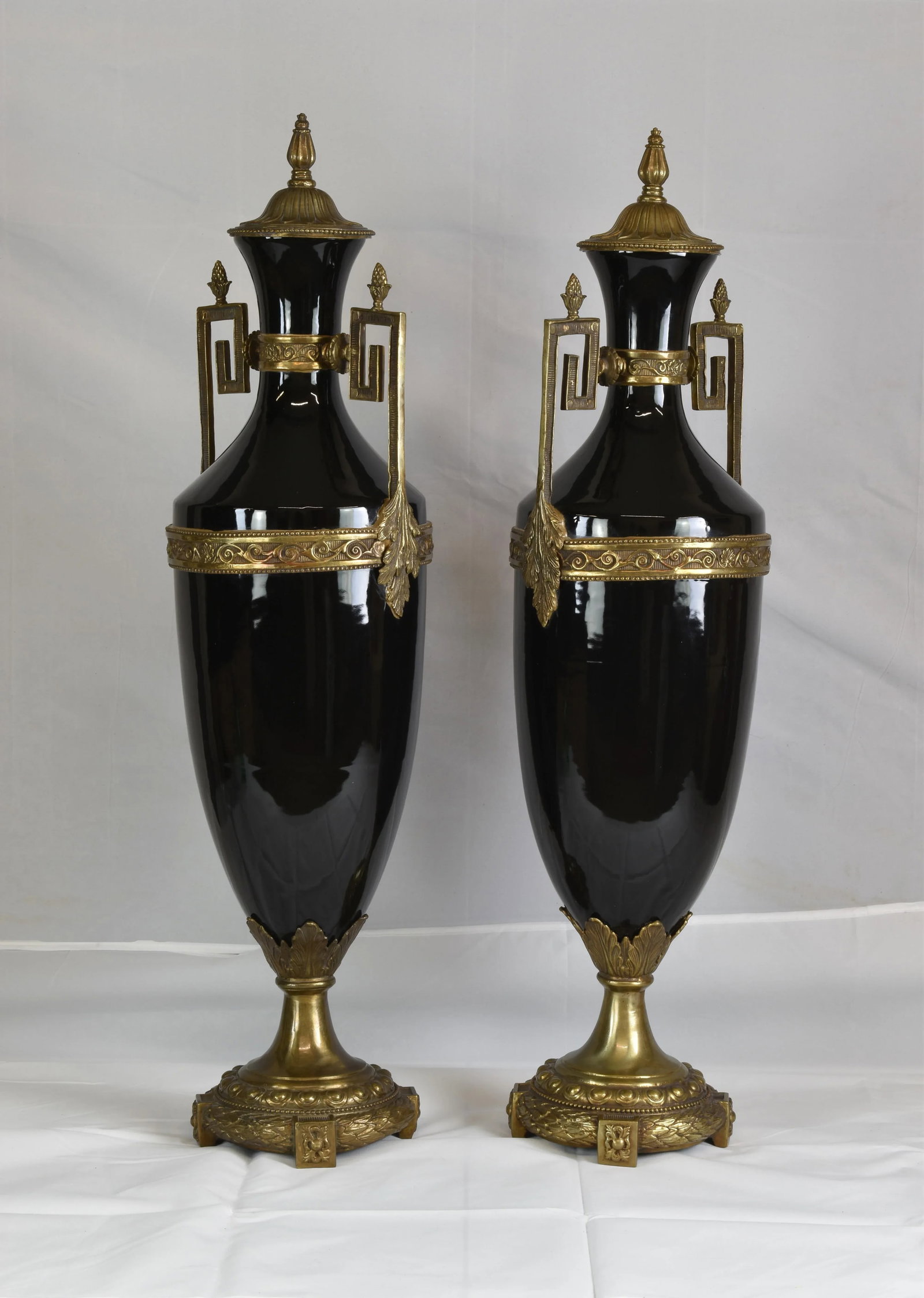 Tall Neoclassic Style Heavy Ceramic Black Colored Vases/Urns Mounted to Round Brass Bottoms Accented - 3