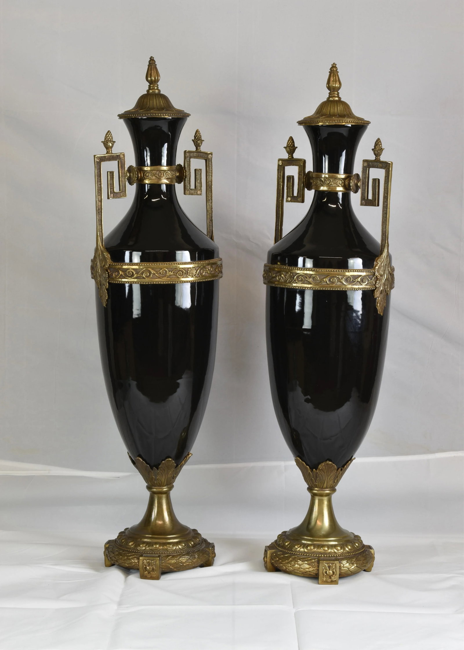 Tall Neoclassic Style Heavy Ceramic Black Colored Vases/Urns Mounted to Round Brass Bottoms Accented - 4