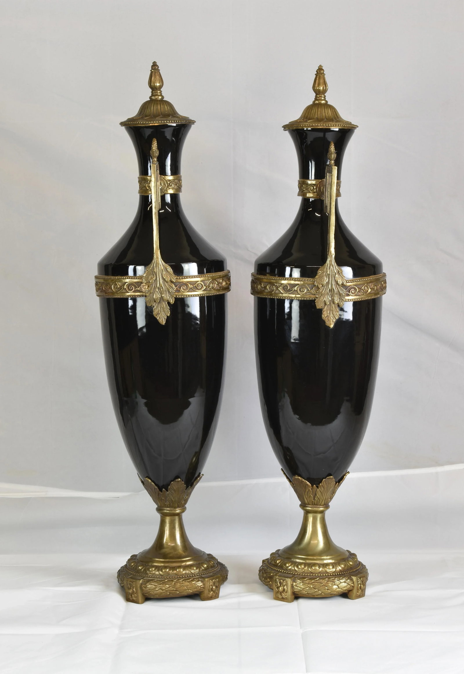 Tall Neoclassic Style Heavy Ceramic Black Colored Vases/Urns Mounted to Round Brass Bottoms Accented - 5