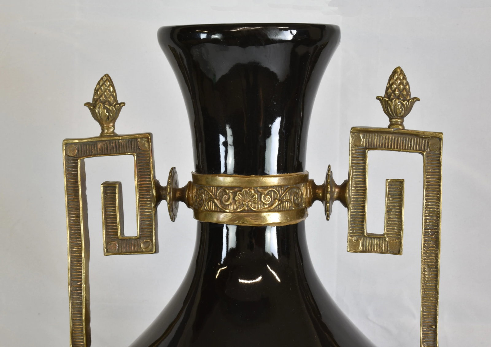 Tall Neoclassic Style Heavy Ceramic Black Colored Vases/Urns Mounted to Round Brass Bottoms Accented - 6