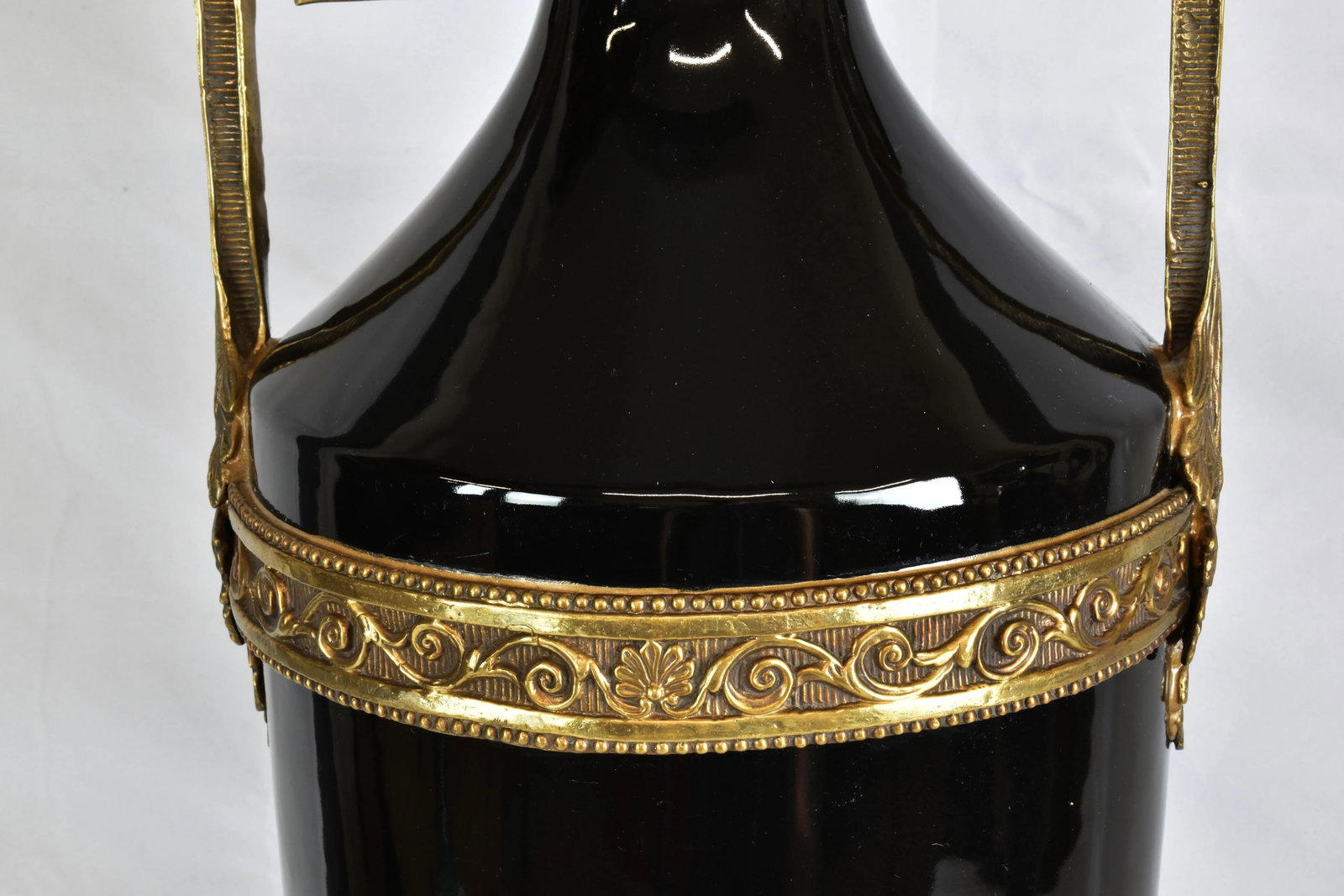 Tall Neoclassic Style Heavy Ceramic Black Colored Vases/Urns Mounted to Round Brass Bottoms Accented - 8