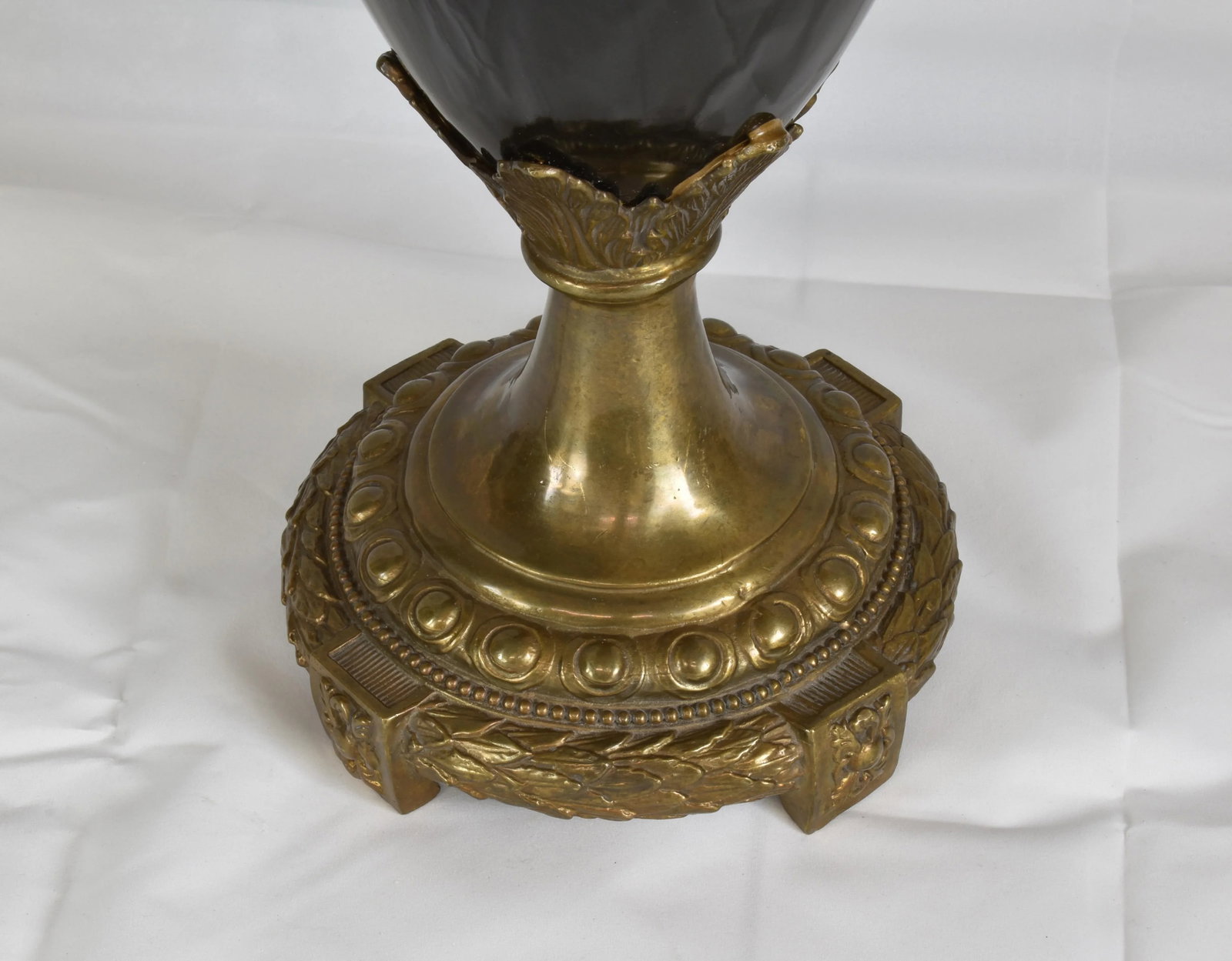 Tall Neoclassic Style Heavy Ceramic Black Colored Vases/Urns Mounted to Round Brass Bottoms Accented - 9