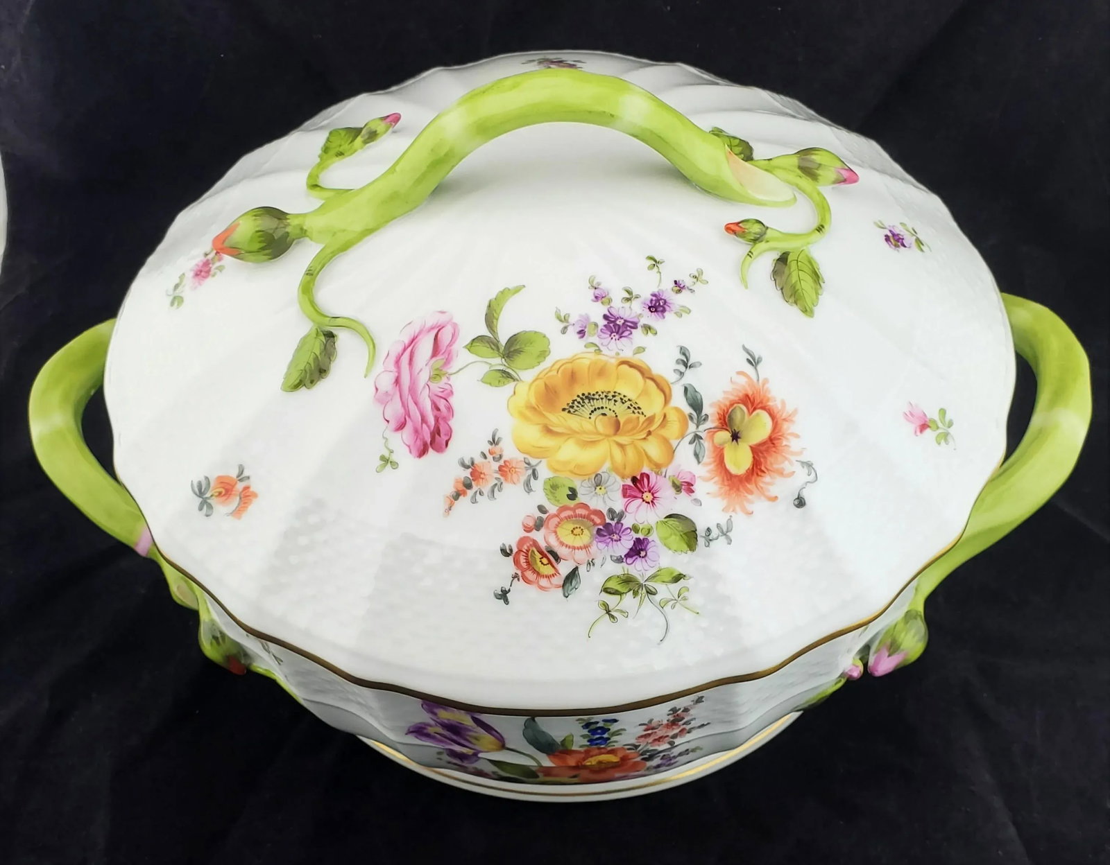 Vintage Herend Hungary Bouquet De Flowers Large Tureen Branch Lid Handle - 2