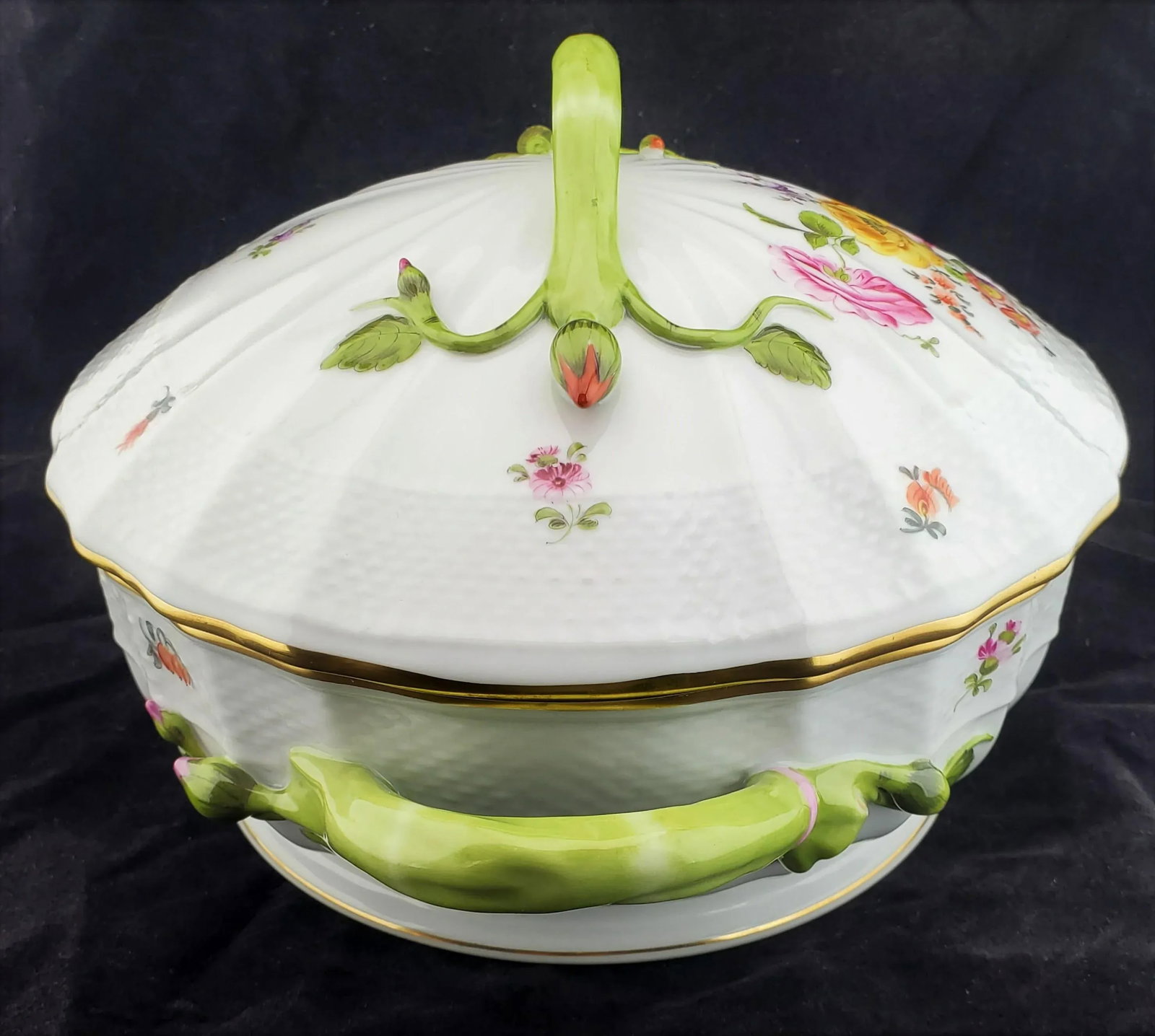 Vintage Herend Hungary Bouquet De Flowers Large Tureen Branch Lid Handle - 3