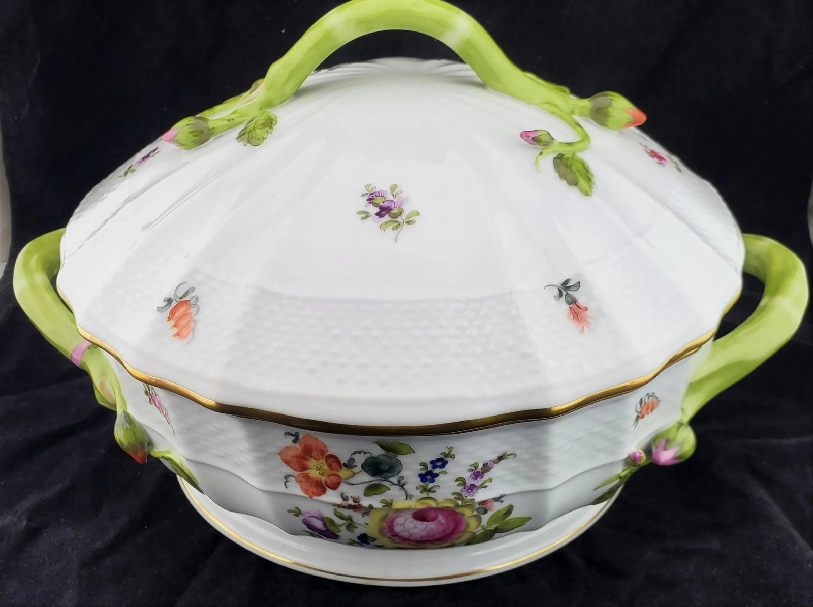 Vintage Herend Hungary Bouquet De Flowers Large Tureen Branch Lid Handle - 5