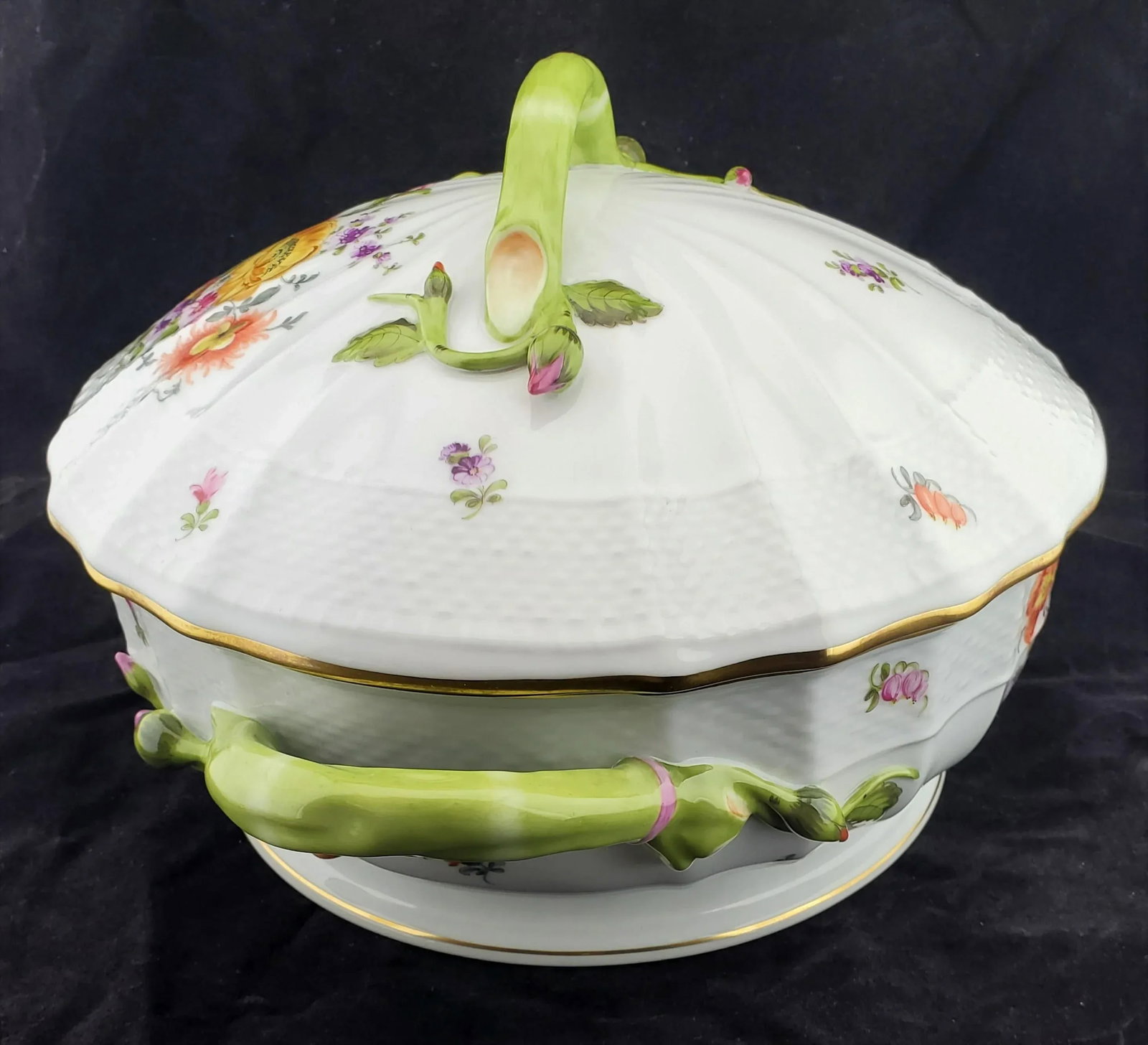 Vintage Herend Hungary Bouquet De Flowers Large Tureen Branch Lid Handle - 7