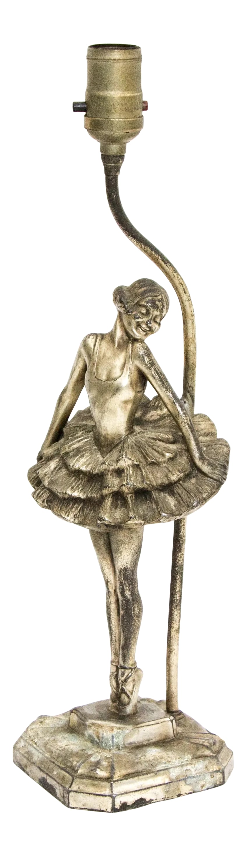 1920s Jeanne Louis Drucklieb Art Deco Metal Ballerina Lamp: This metal ballerina lamp was designed in the 1920s - 1930s by Jeanne Louis Drucklieb. The ballerina lamp has worn in an interesting manner with bits of the gilt silver tarnished or faded away giving