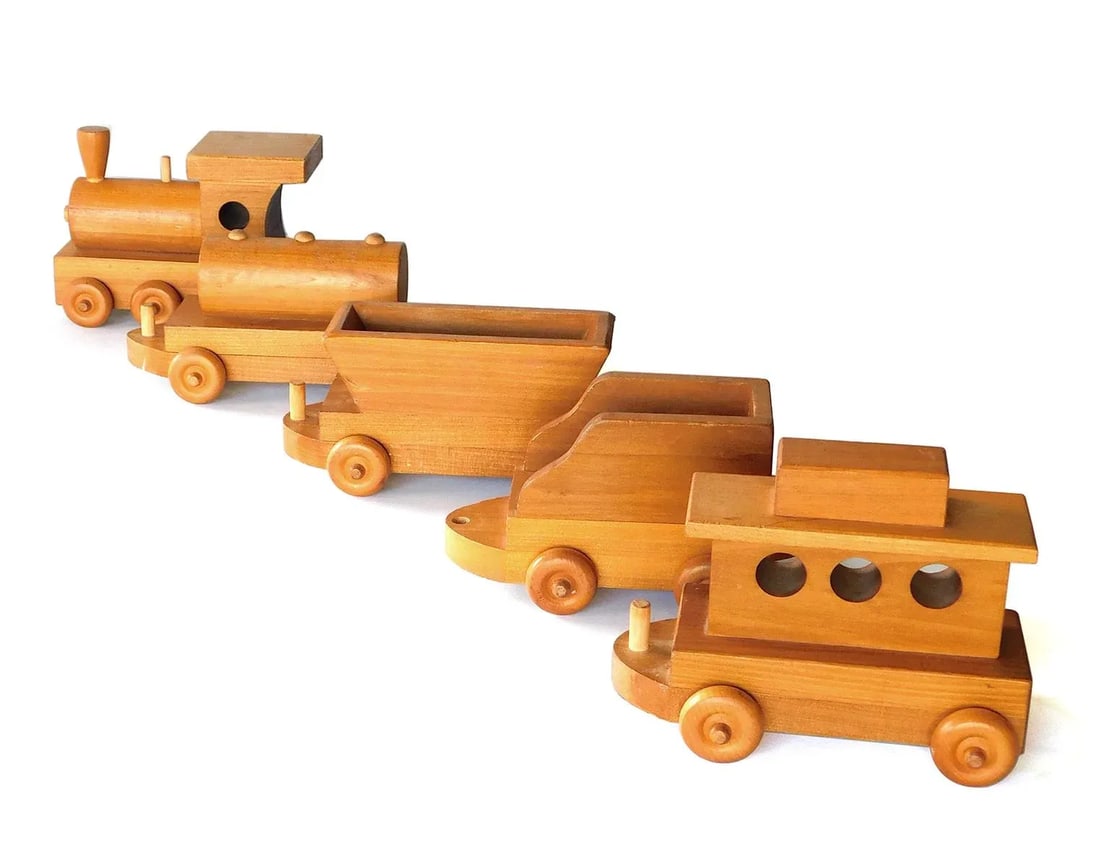 1950s Wooden Train Set Attributed to Montgomery Schoolhouse, Vermont - 5 Piece Set - 3