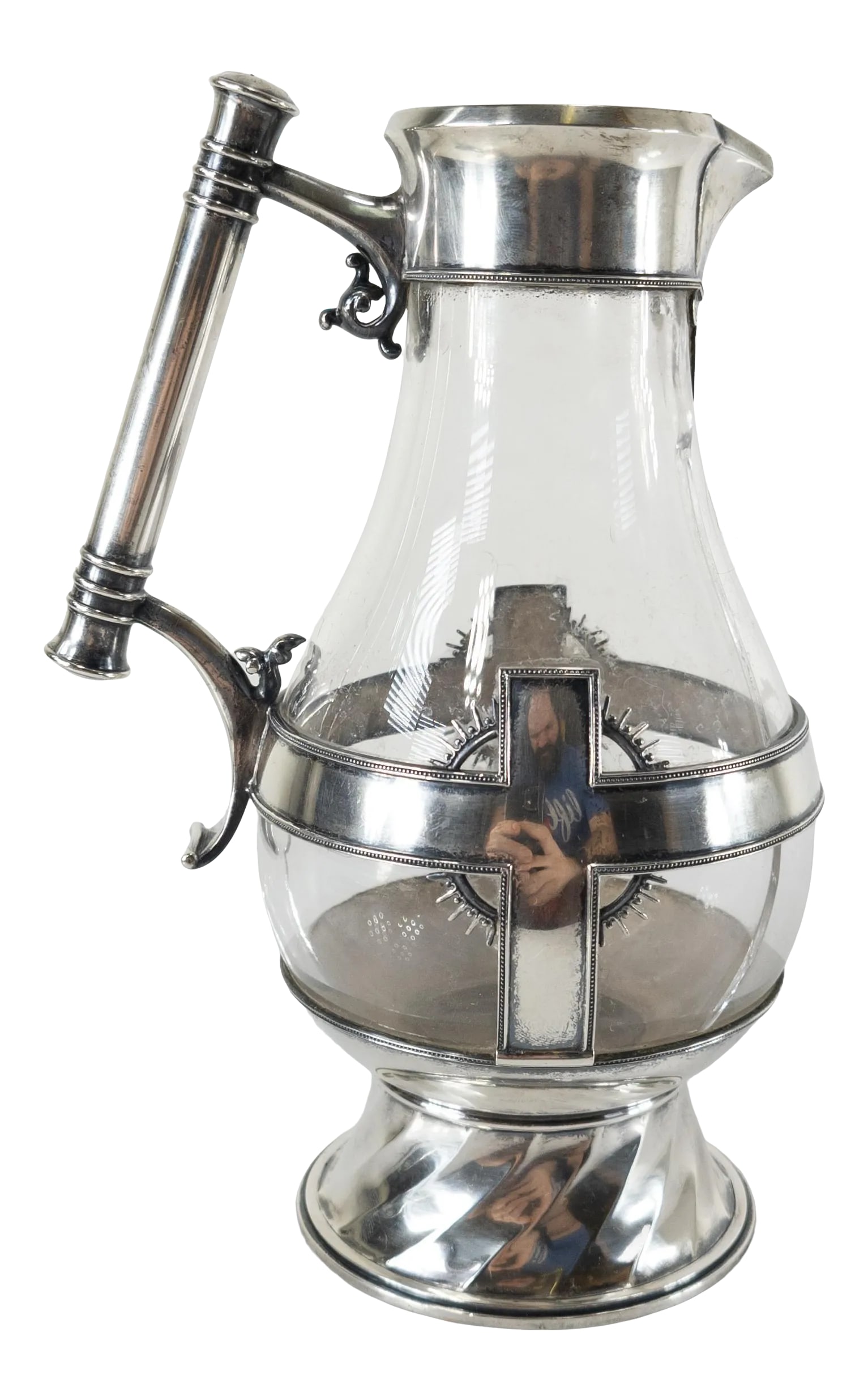 Sterling Silver and Glass Aesthetic Religious Pitcher by Tiffany & Co: We are selling this unusual religious Sterling silver and glass pitcher. This very unique pitcher is marked on the base for Tiffany & Co. makers. The silverwork is in the style of the aesthetic